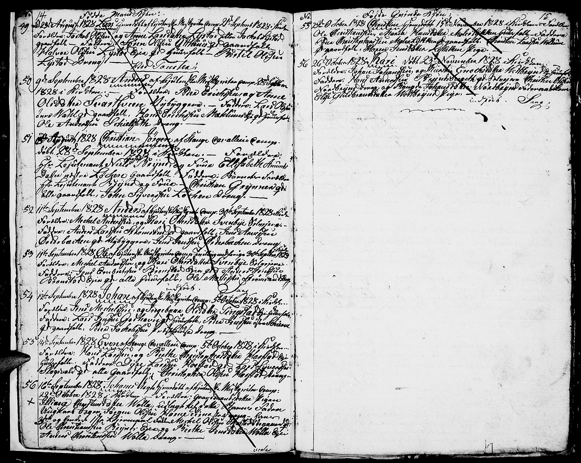 Romedal prestekontor, AV/SAH-PREST-004/L/L0006: Parish register (copy) no. 6, 1828-1830, p. 14-15