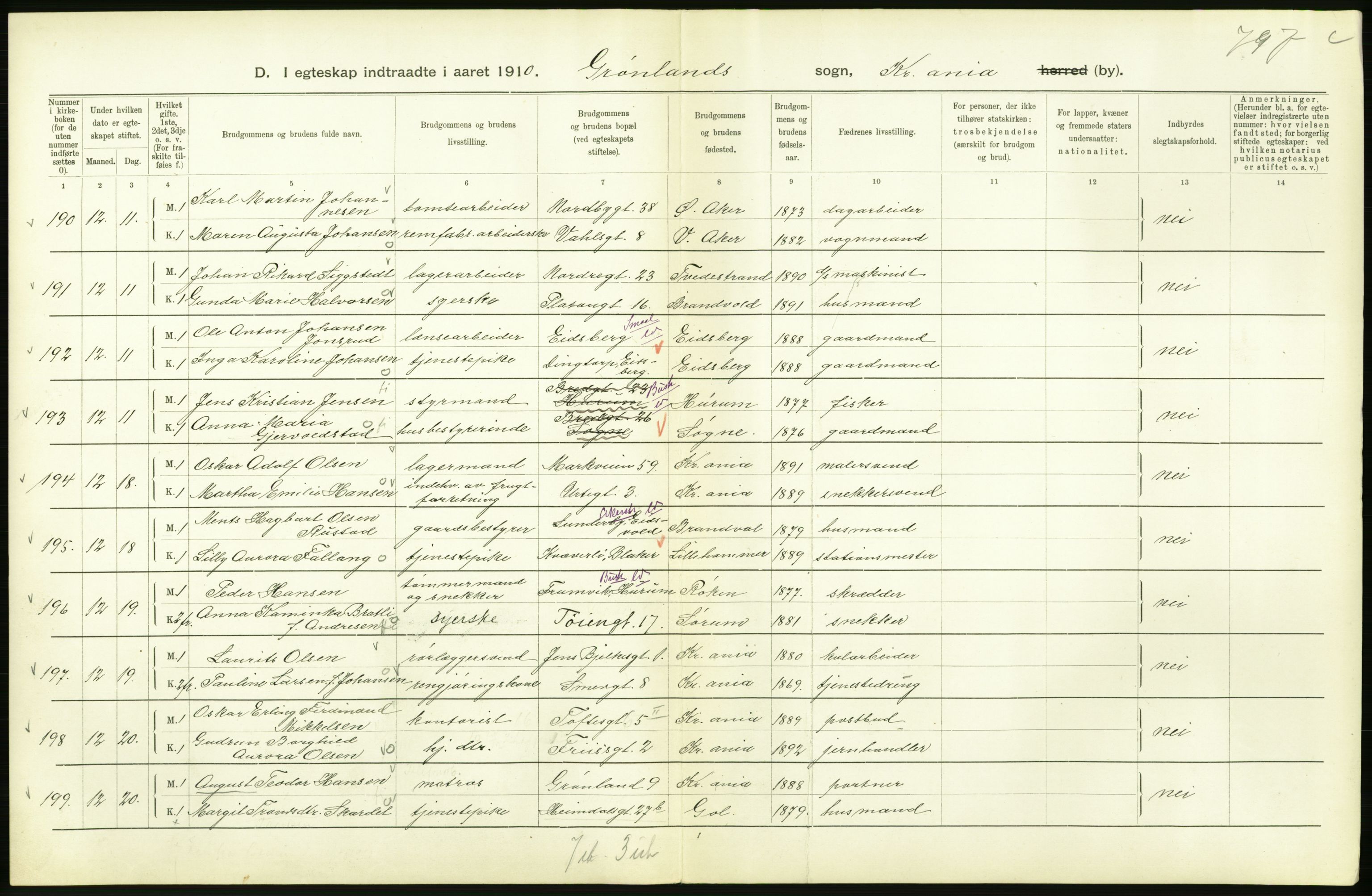 Statistisk sentralbyrå, Sosiodemografiske emner, Befolkning, AV/RA-S-2228/D/Df/Dfa/Dfah/L0009: Kristiania: Gifte og dødfødte., 1910, p. 316