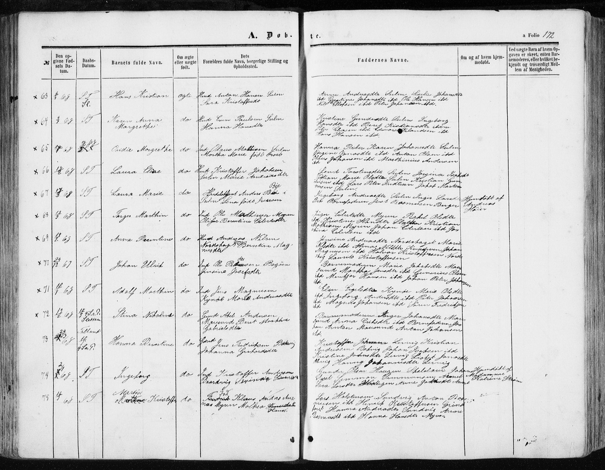 Ministerialprotokoller, klokkerbøker og fødselsregistre - Sør-Trøndelag, AV/SAT-A-1456/634/L0531: Parish register (official) no. 634A07, 1861-1870, p. 172