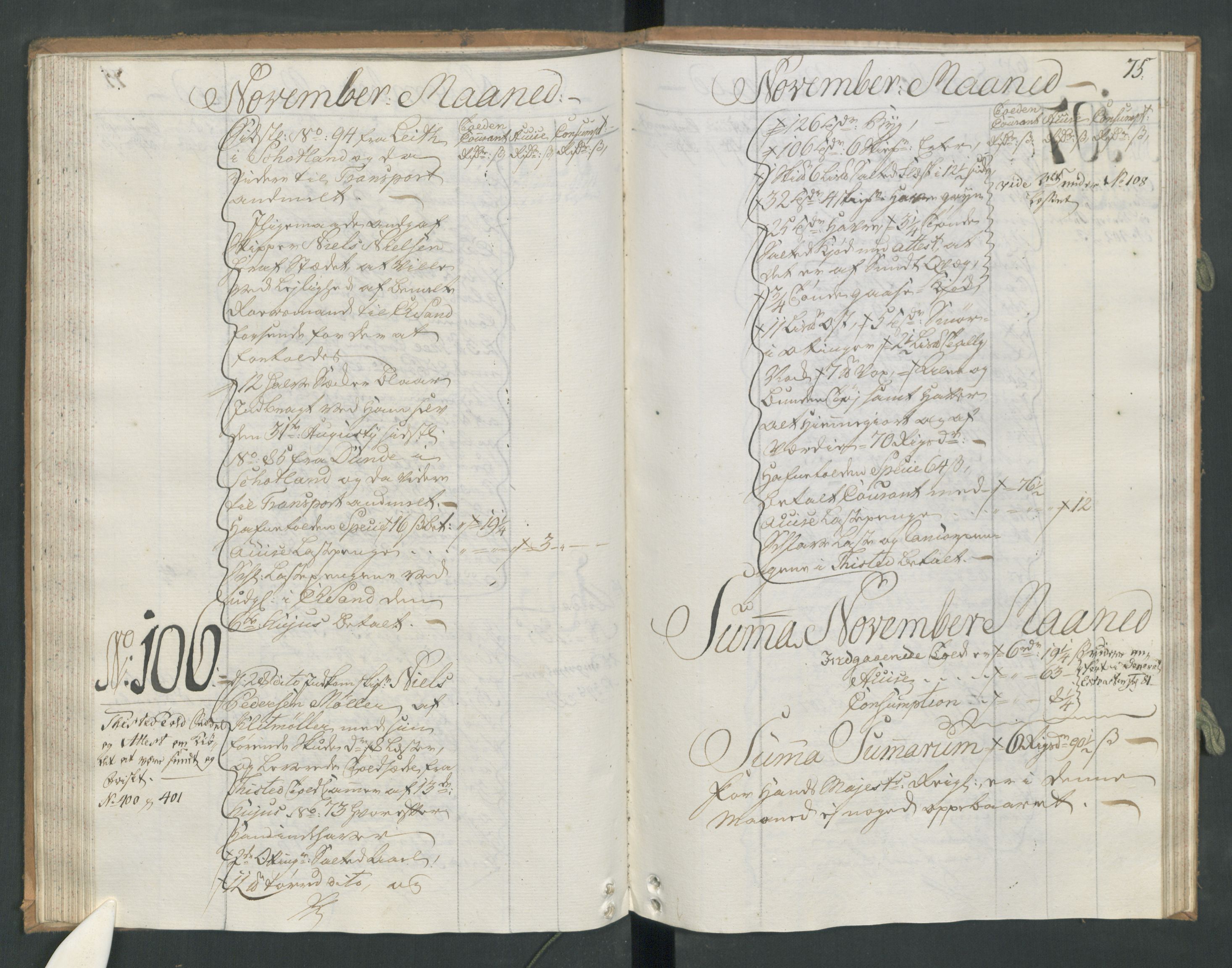 Generaltollkammeret, tollregnskaper, AV/RA-EA-5490/R17/L0025/0001: Tollregnskaper Mandal / Inngående hovedtollbok, 1764, p. 74b-75a