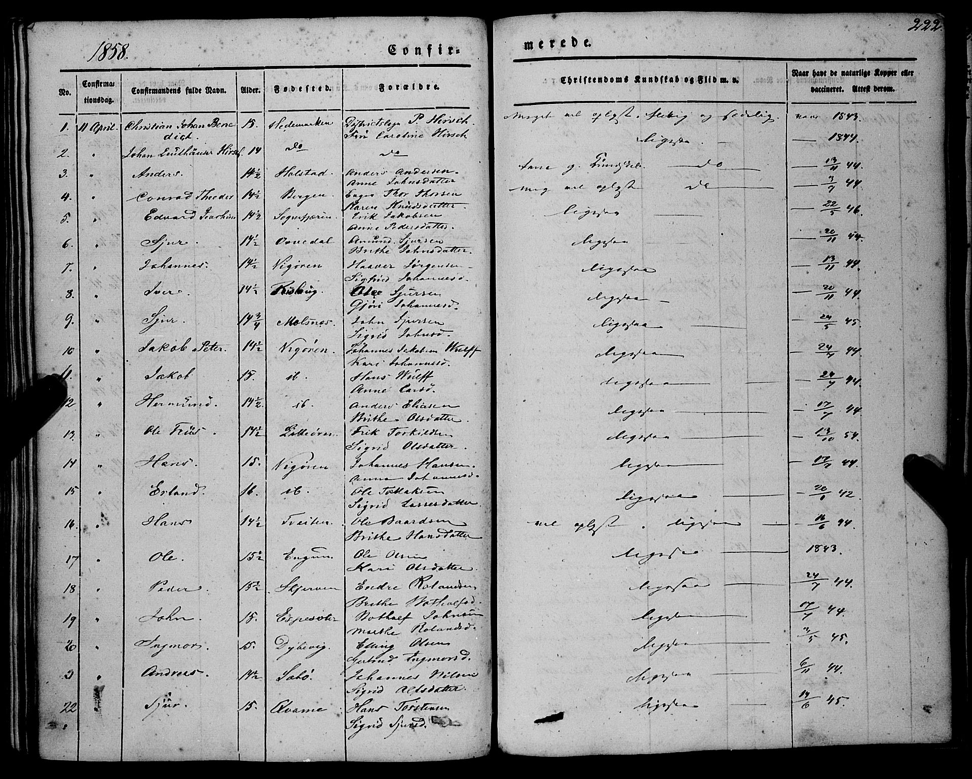 Vik sokneprestembete, AV/SAB-A-81501/H/Haa/Haaa/L0008: Parish register (official) no. A 8, 1846-1865, p. 222