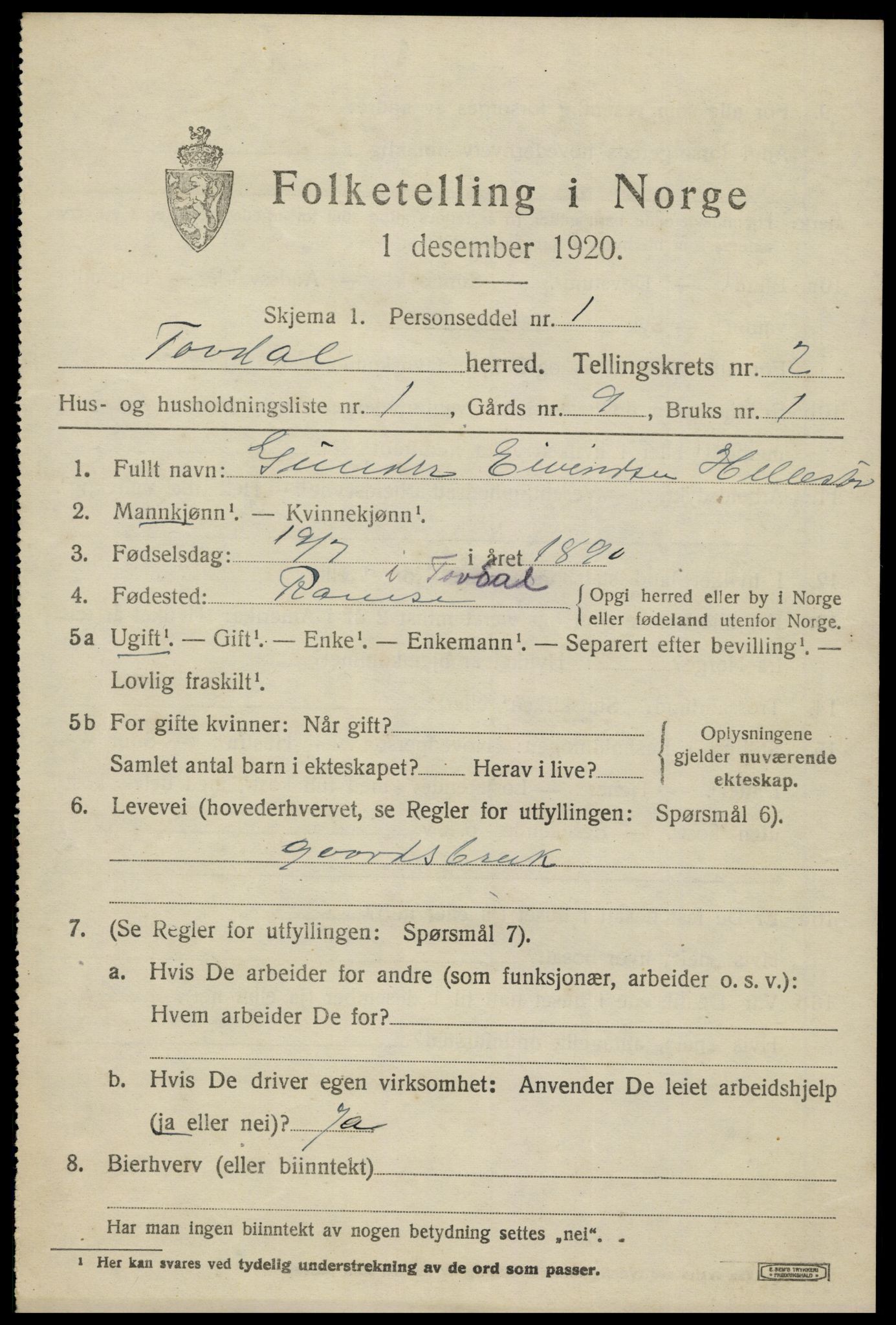 SAK, 1920 census for Tovdal, 1920, p. 323