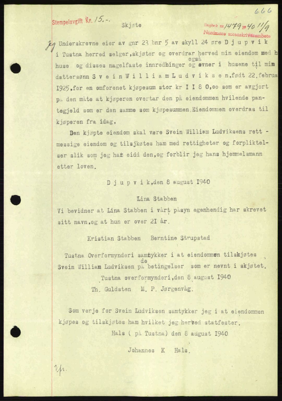 Nordmøre sorenskriveri, AV/SAT-A-4132/1/2/2Ca: Mortgage book no. A88, 1940-1940, Diary no: : 1479/1940