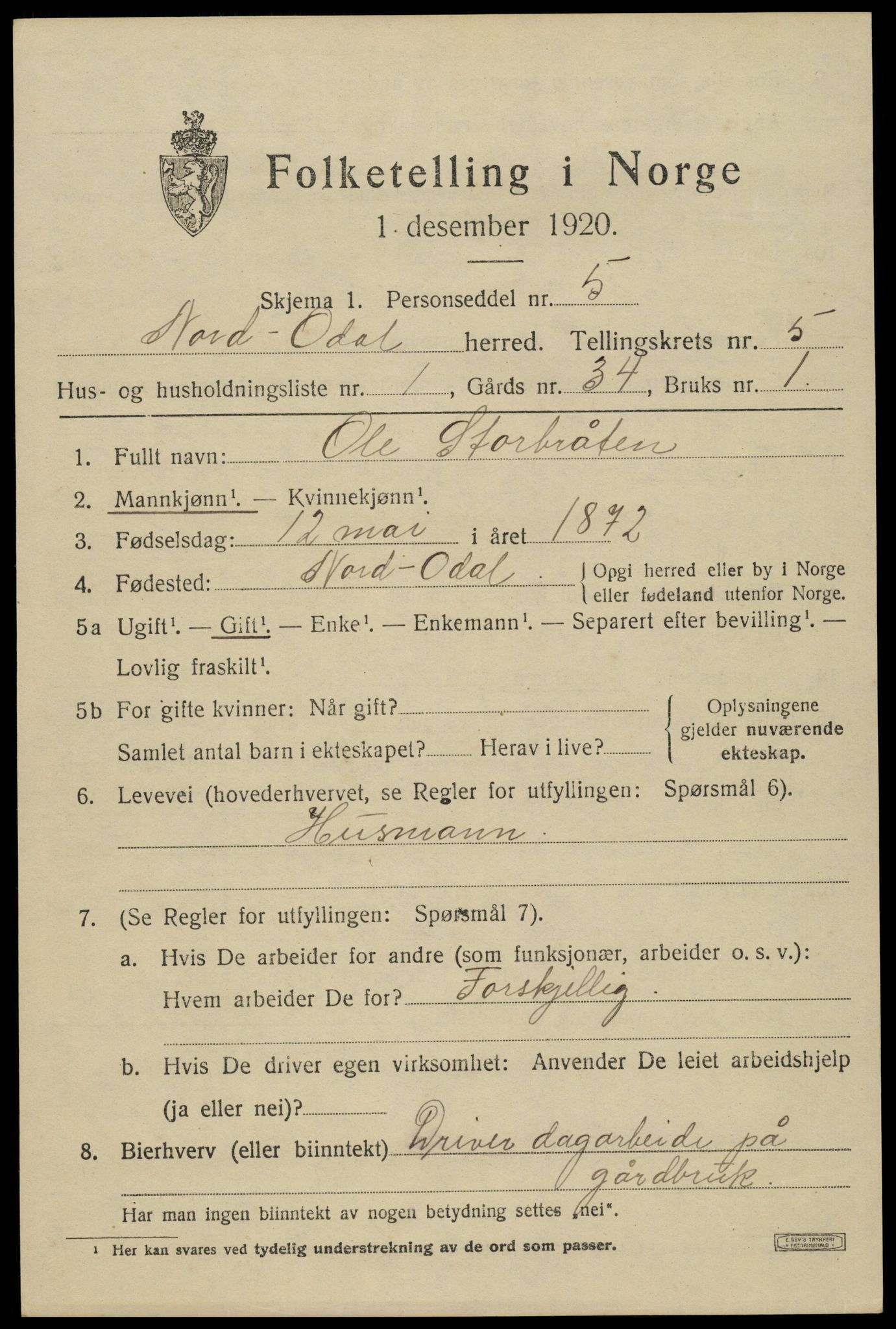 SAH, 1920 census for Nord-Odal, 1920, p. 5041