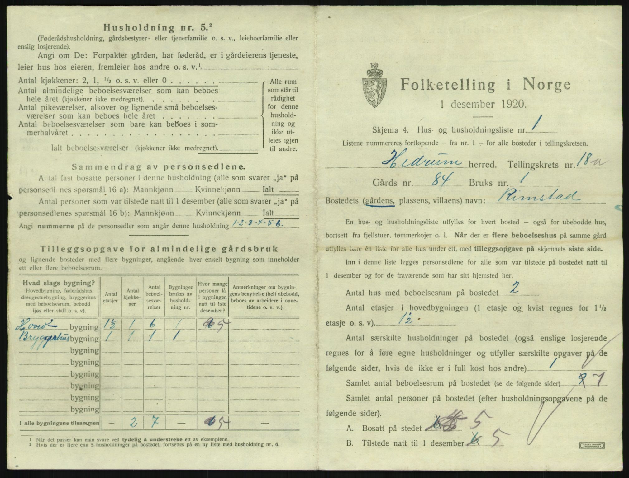 SAKO, 1920 census for Hedrum, 1920, p. 1565