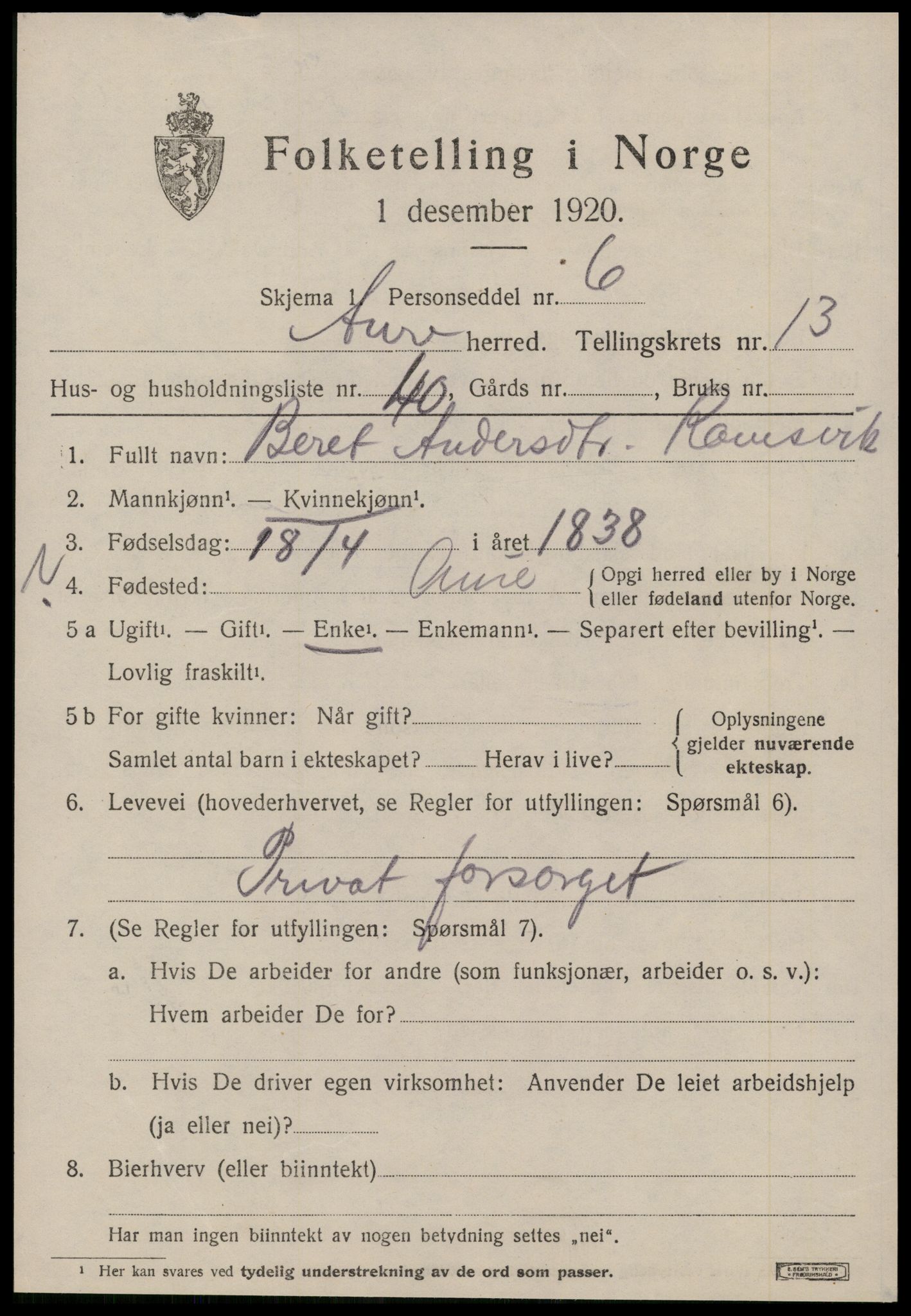 SAT, 1920 census for Aure, 1920, p. 5356