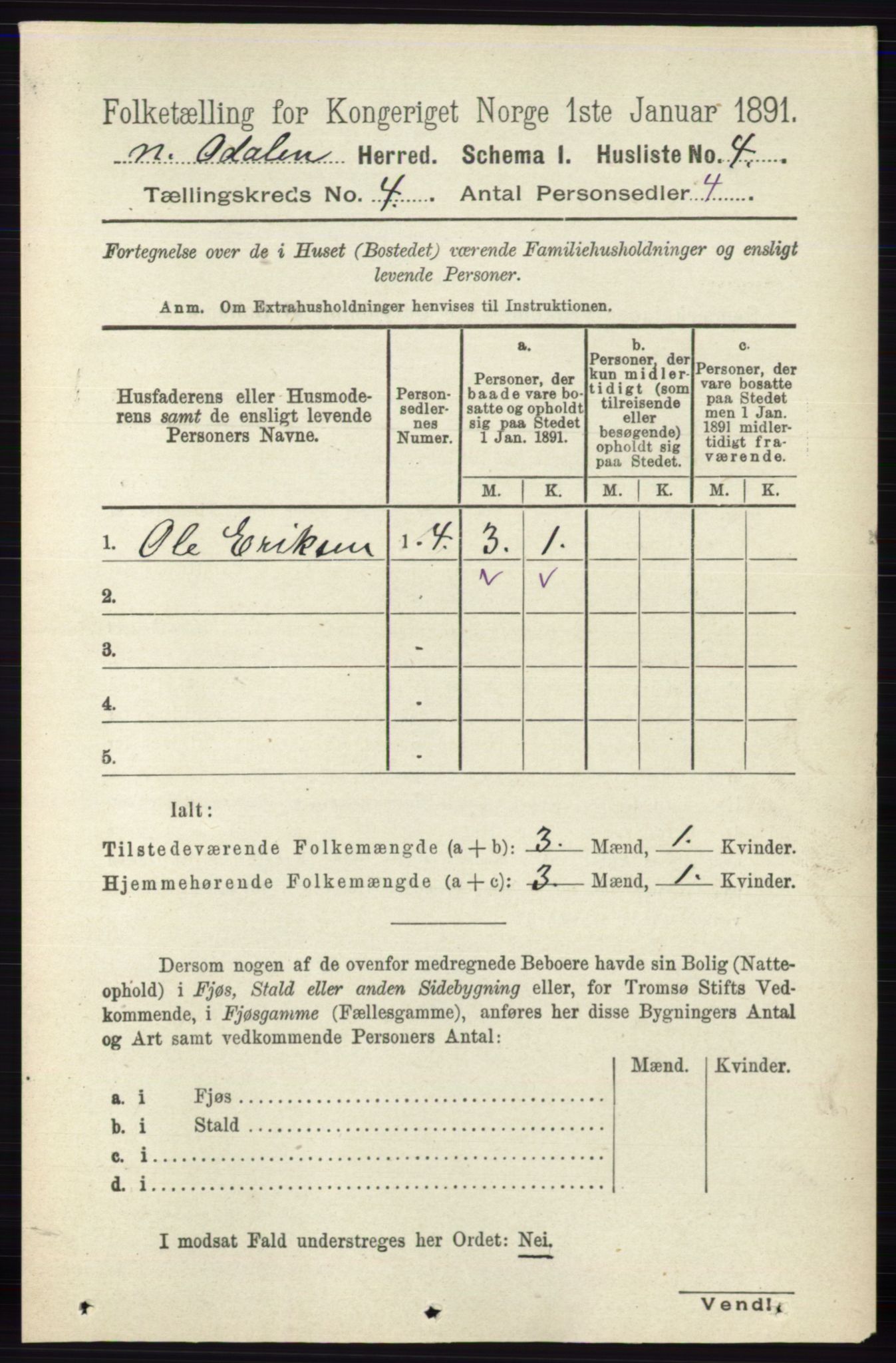 RA, 1891 census for 0418 Nord-Odal, 1891, p. 1233