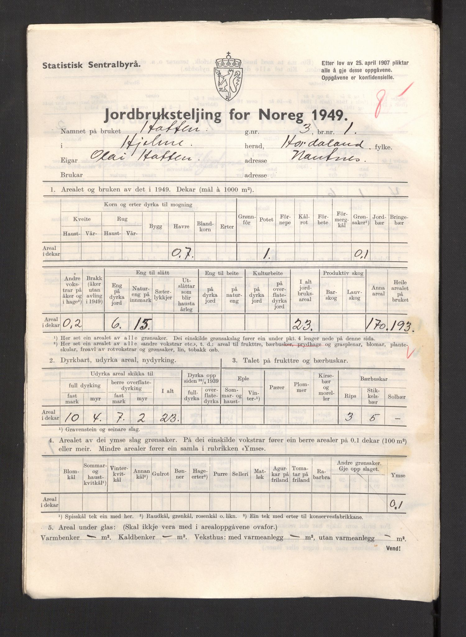 Statistisk sentralbyrå, Næringsøkonomiske emner, Jordbruk, skogbruk, jakt, fiske og fangst, AV/RA-S-2234/G/Gc/L0276: Hordaland: Herdla og Hjelme, 1949, p. 1314