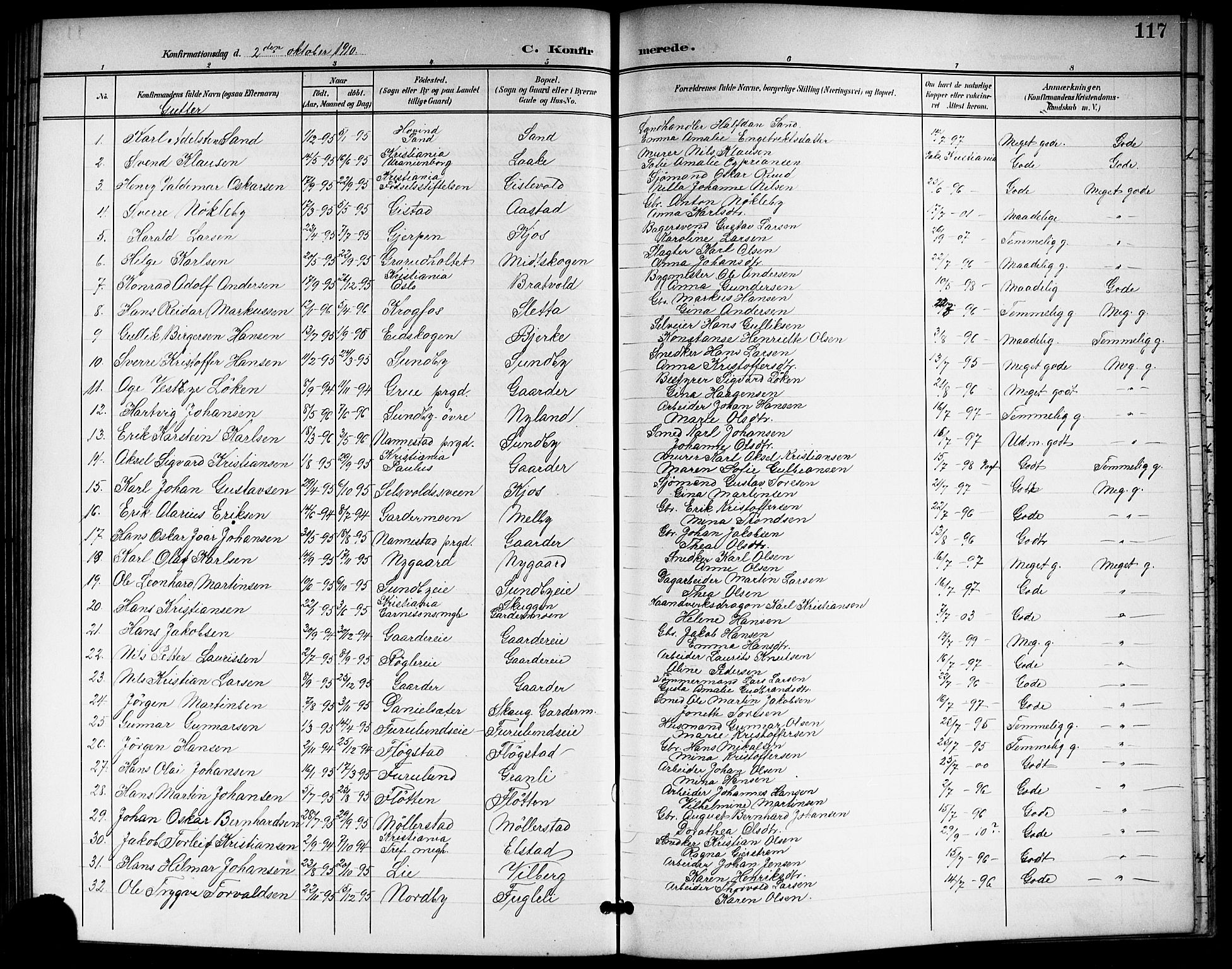Ullensaker prestekontor Kirkebøker, SAO/A-10236a/G/Gb/L0001: Parish register (copy) no. II 1, 1901-1917, p. 117