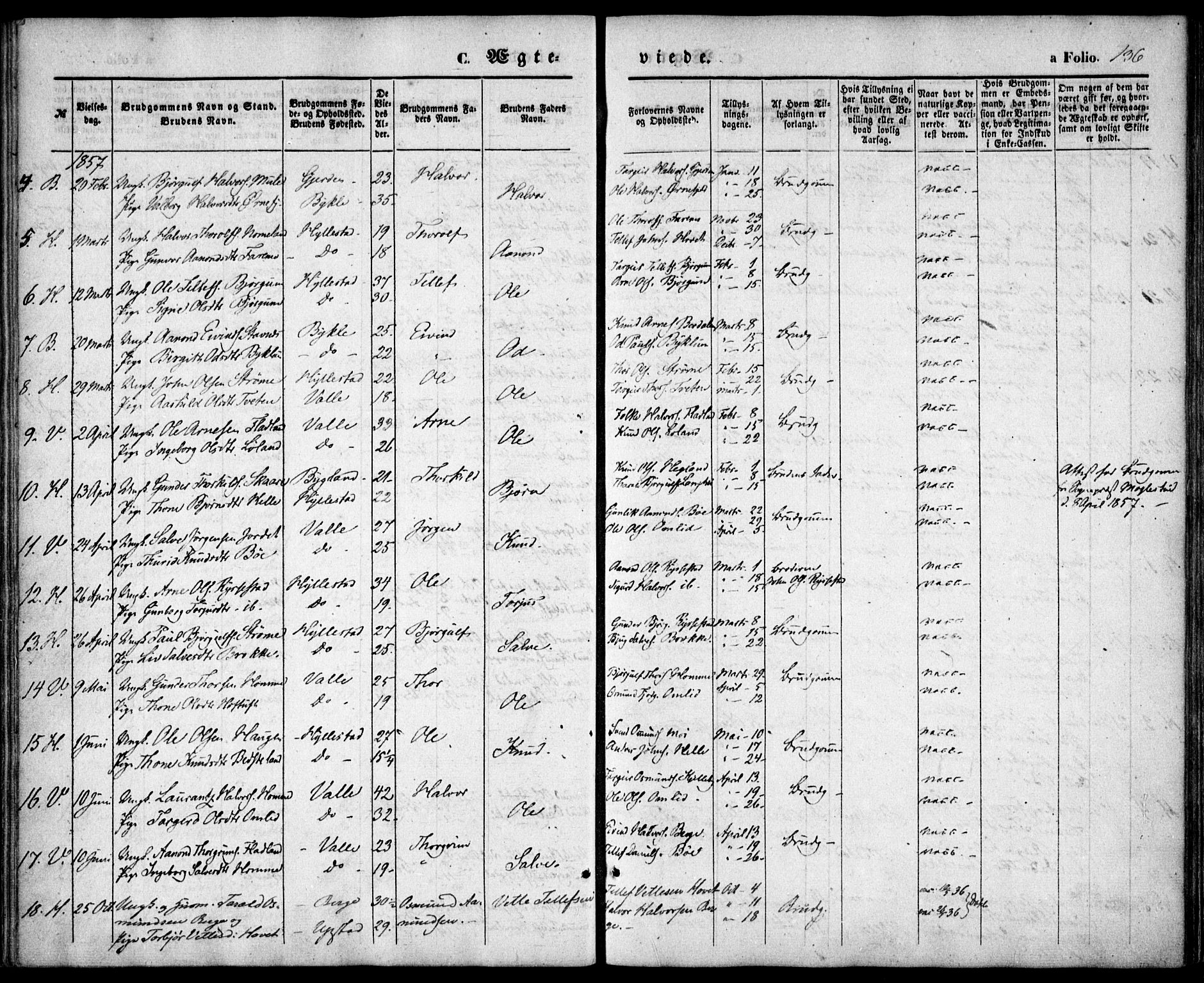 Valle sokneprestkontor, SAK/1111-0044/F/Fa/Fac/L0007: Parish register (official) no. A 7, 1854-1868, p. 136