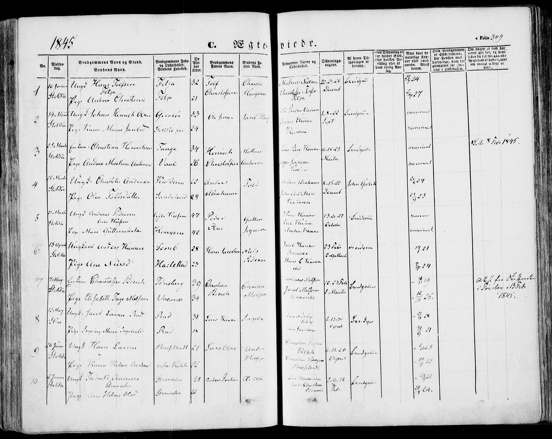 Stokke kirkebøker, SAKO/A-320/F/Fa/L0007: Parish register (official) no. I 7, 1844-1857, p. 309