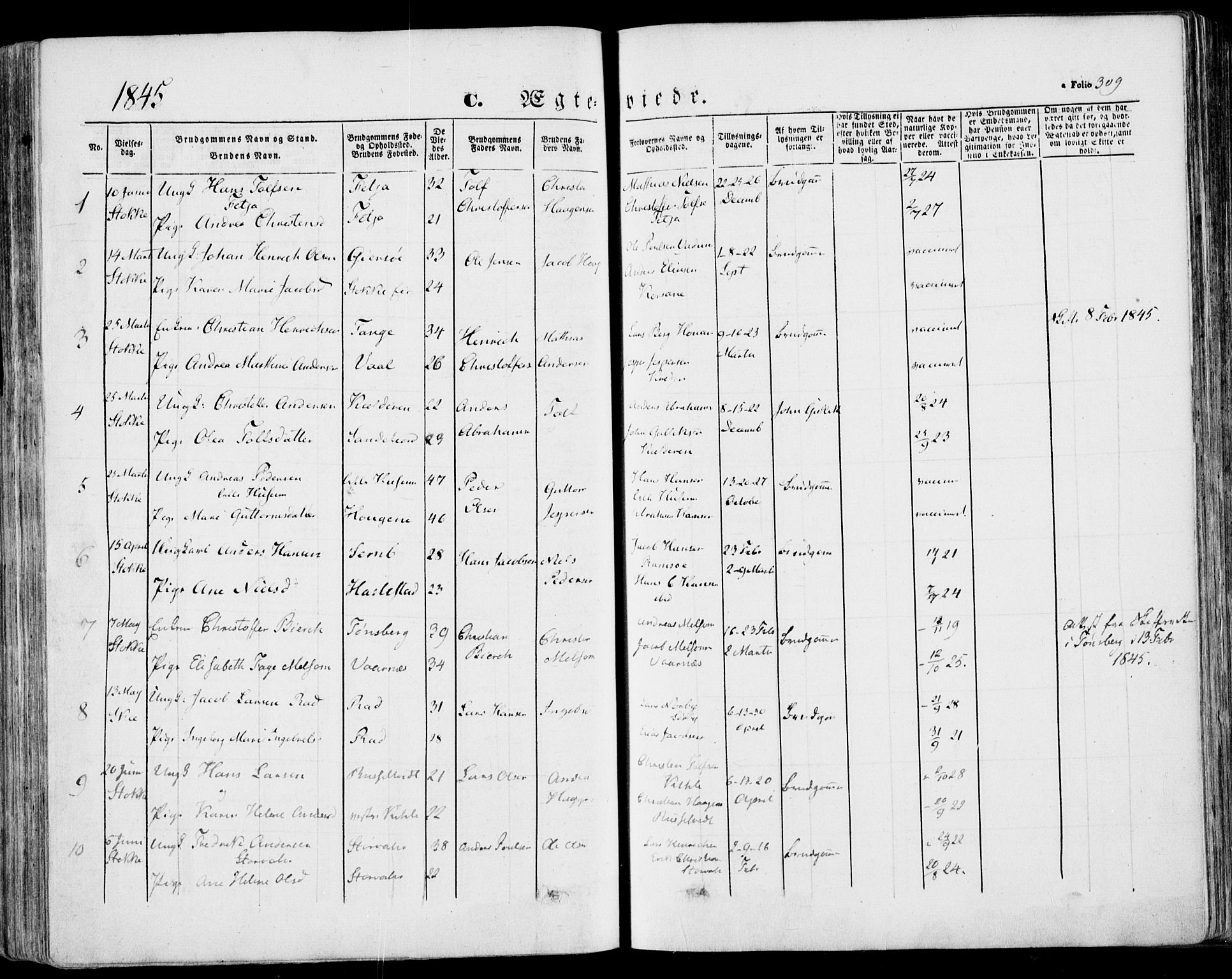 Stokke kirkebøker, AV/SAKO-A-320/F/Fa/L0007: Parish register (official) no. I 7, 1844-1857, p. 309