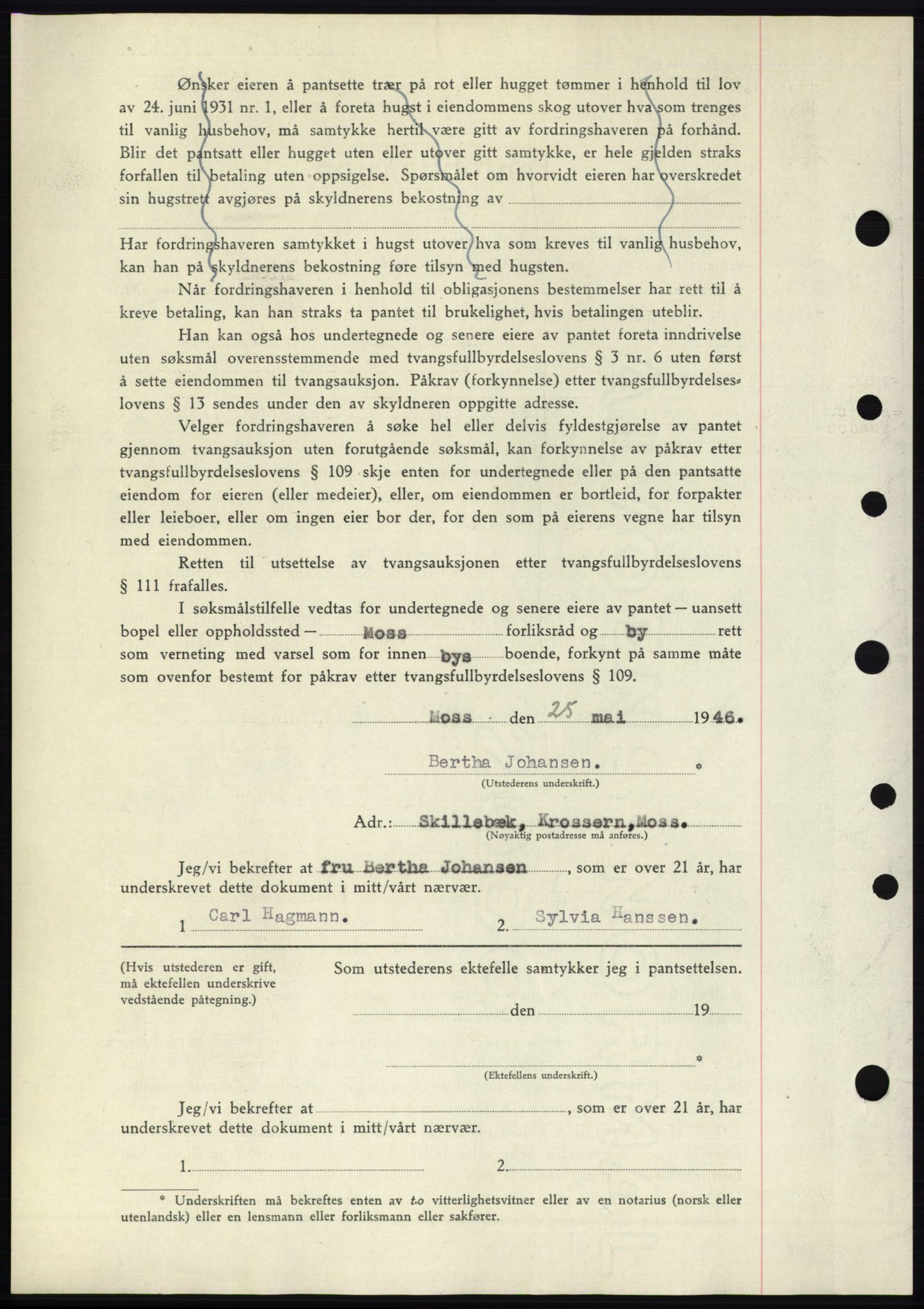 Moss sorenskriveri, AV/SAO-A-10168: Mortgage book no. B15, 1946-1946, Diary no: : 1115/1946