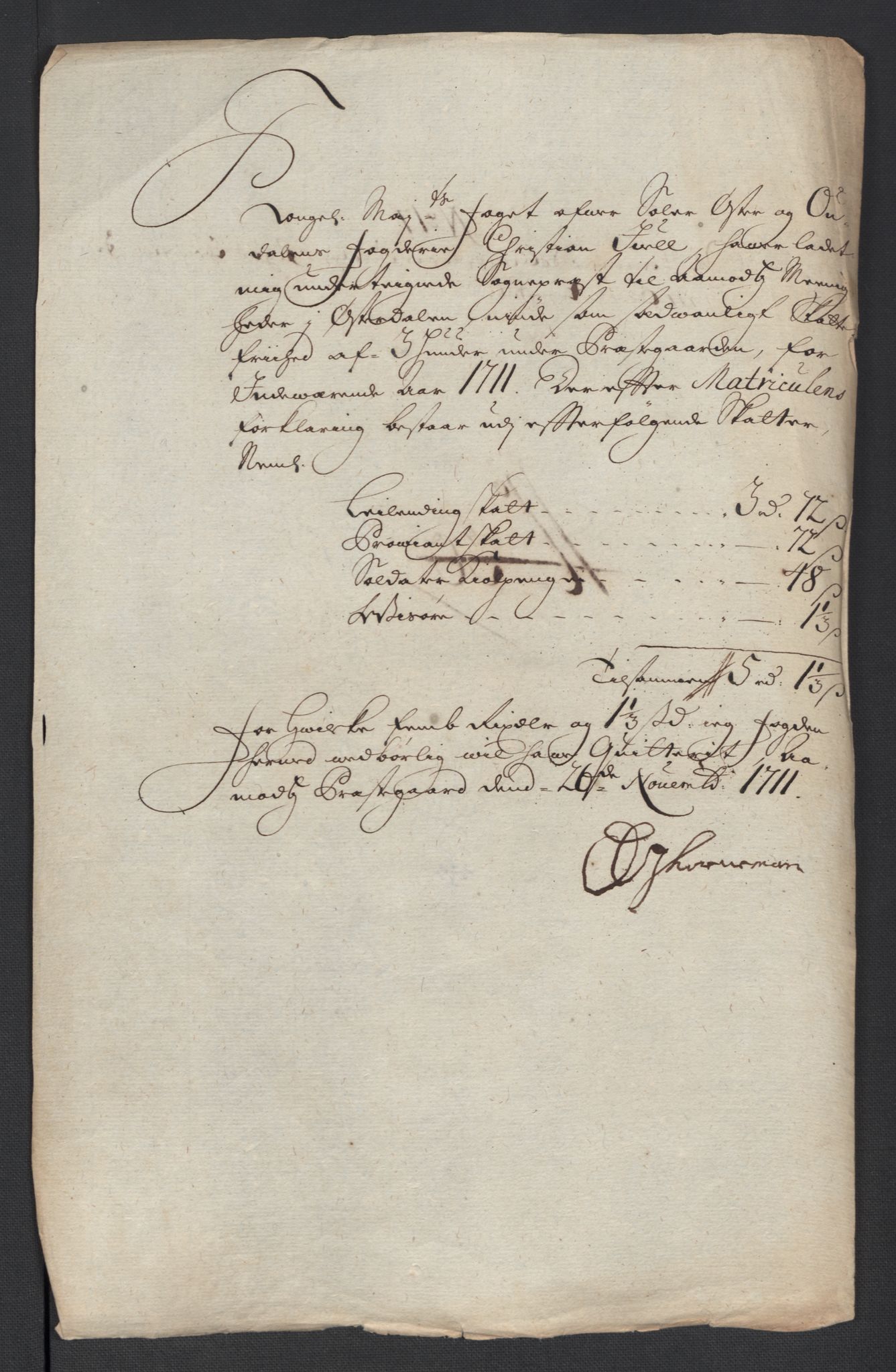Rentekammeret inntil 1814, Reviderte regnskaper, Fogderegnskap, RA/EA-4092/R13/L0848: Fogderegnskap Solør, Odal og Østerdal, 1711, p. 292