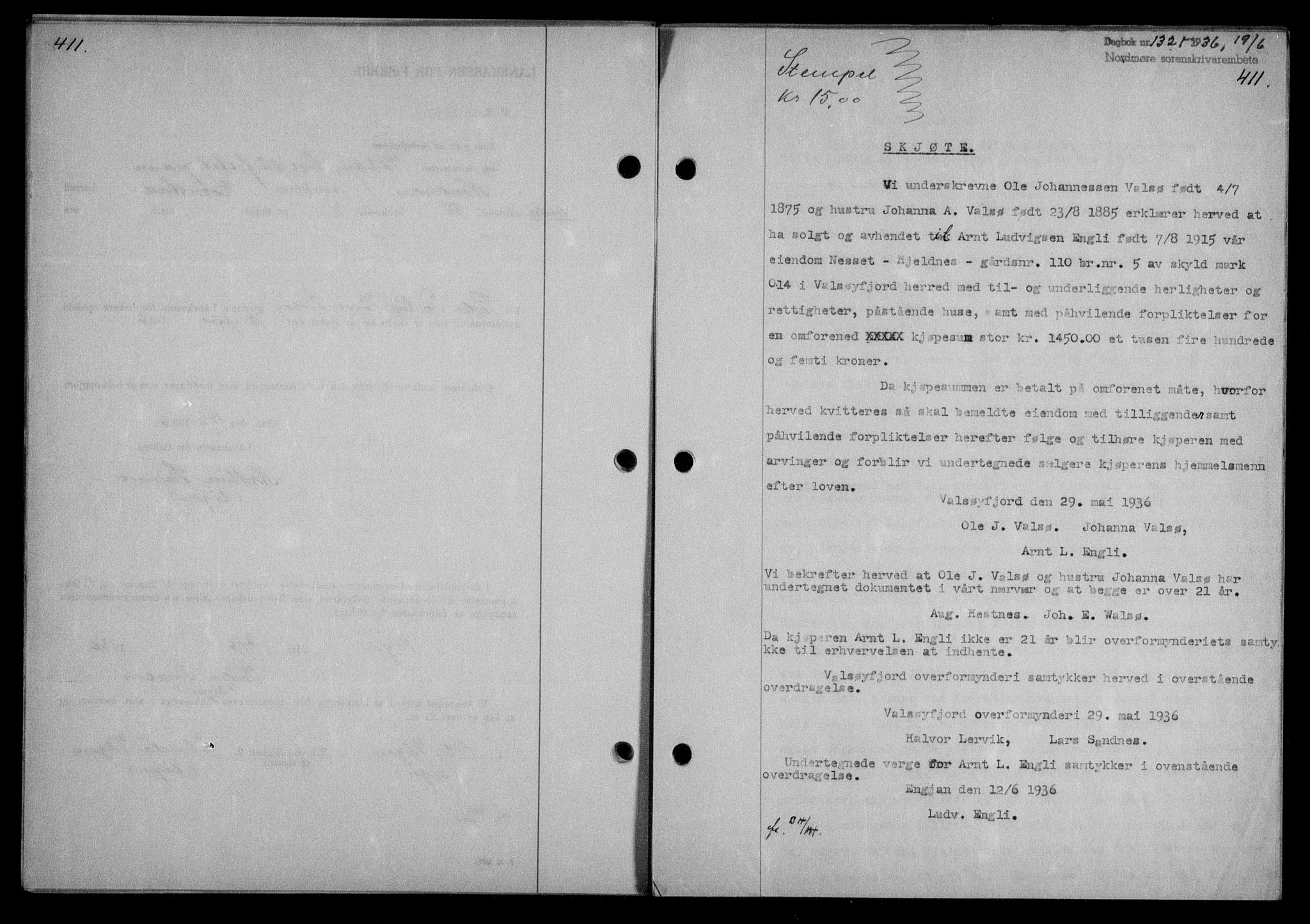 Nordmøre sorenskriveri, AV/SAT-A-4132/1/2/2Ca/L0088: Mortgage book no. 78, 1936-1936, Diary no: : 1321/1936