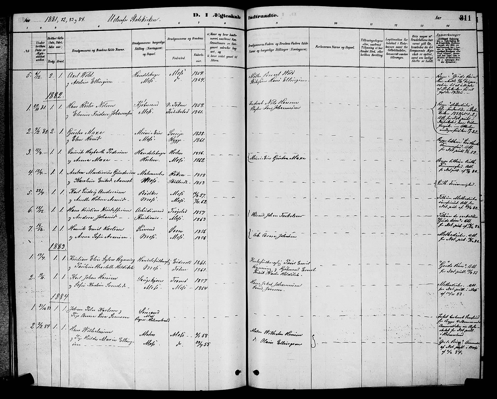 Moss prestekontor Kirkebøker, AV/SAO-A-2003/G/Ga/L0005: Parish register (copy) no. I 5, 1878-1888, p. 311