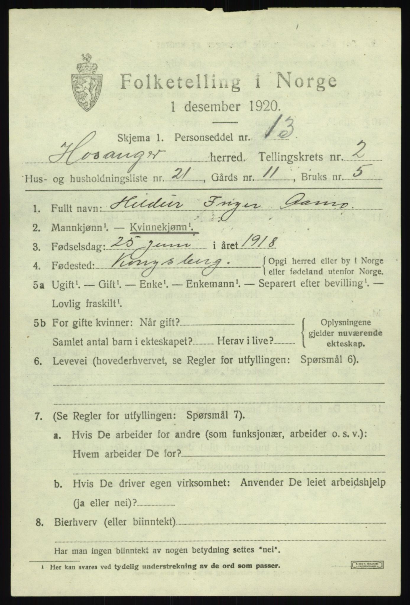 SAB, 1920 census for Hosanger, 1920, p. 1463