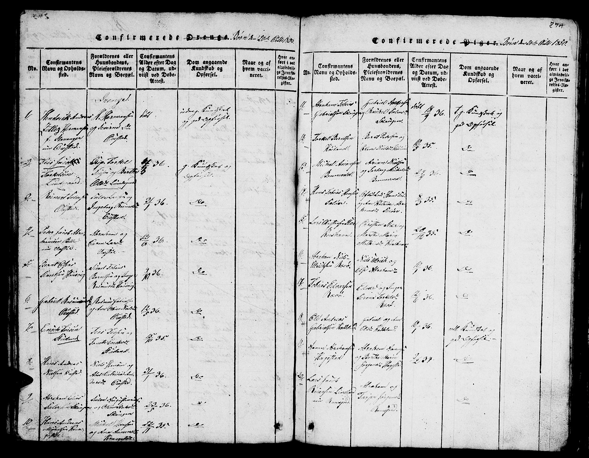 Lyngdal sokneprestkontor, SAK/1111-0029/F/Fb/Fba/L0001: Parish register (copy) no. B 1, 1816-1876, p. 274