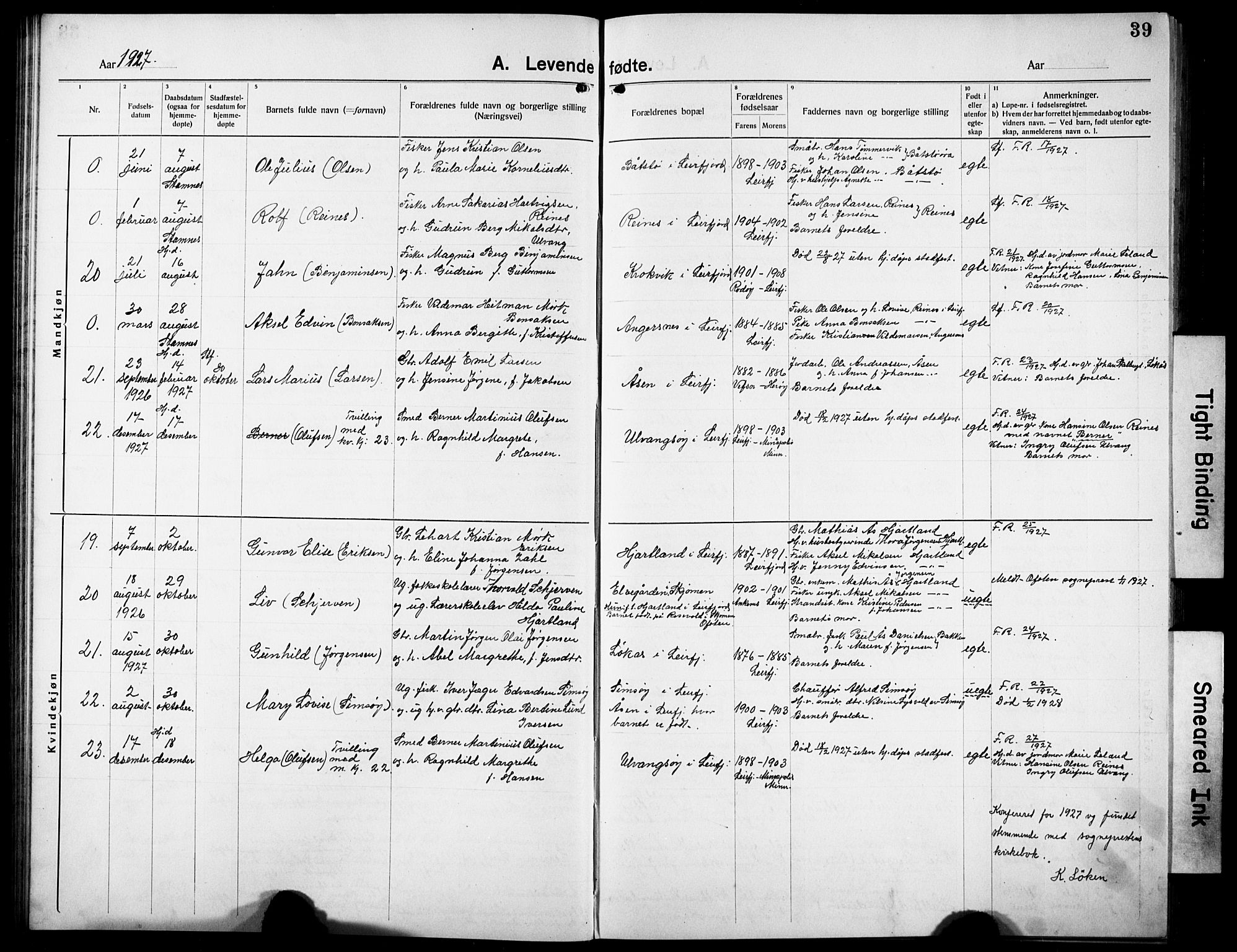 Ministerialprotokoller, klokkerbøker og fødselsregistre - Nordland, AV/SAT-A-1459/832/L0495: Parish register (copy) no. 832C02, 1920-1932, p. 39