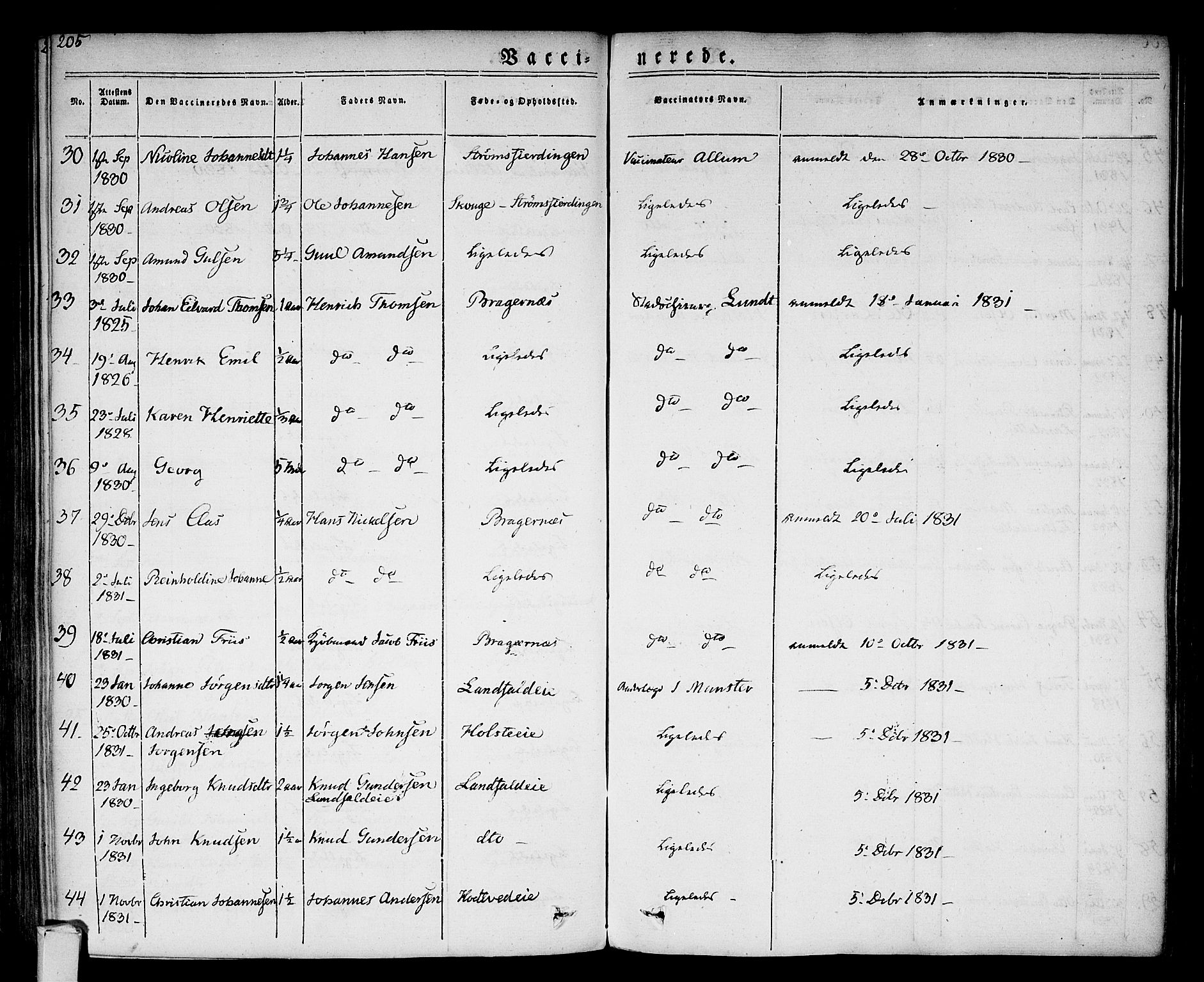 Bragernes kirkebøker, SAKO/A-6/F/Fc/L0001: Parish register (official) no. III 1, 1830-1853, p. 205