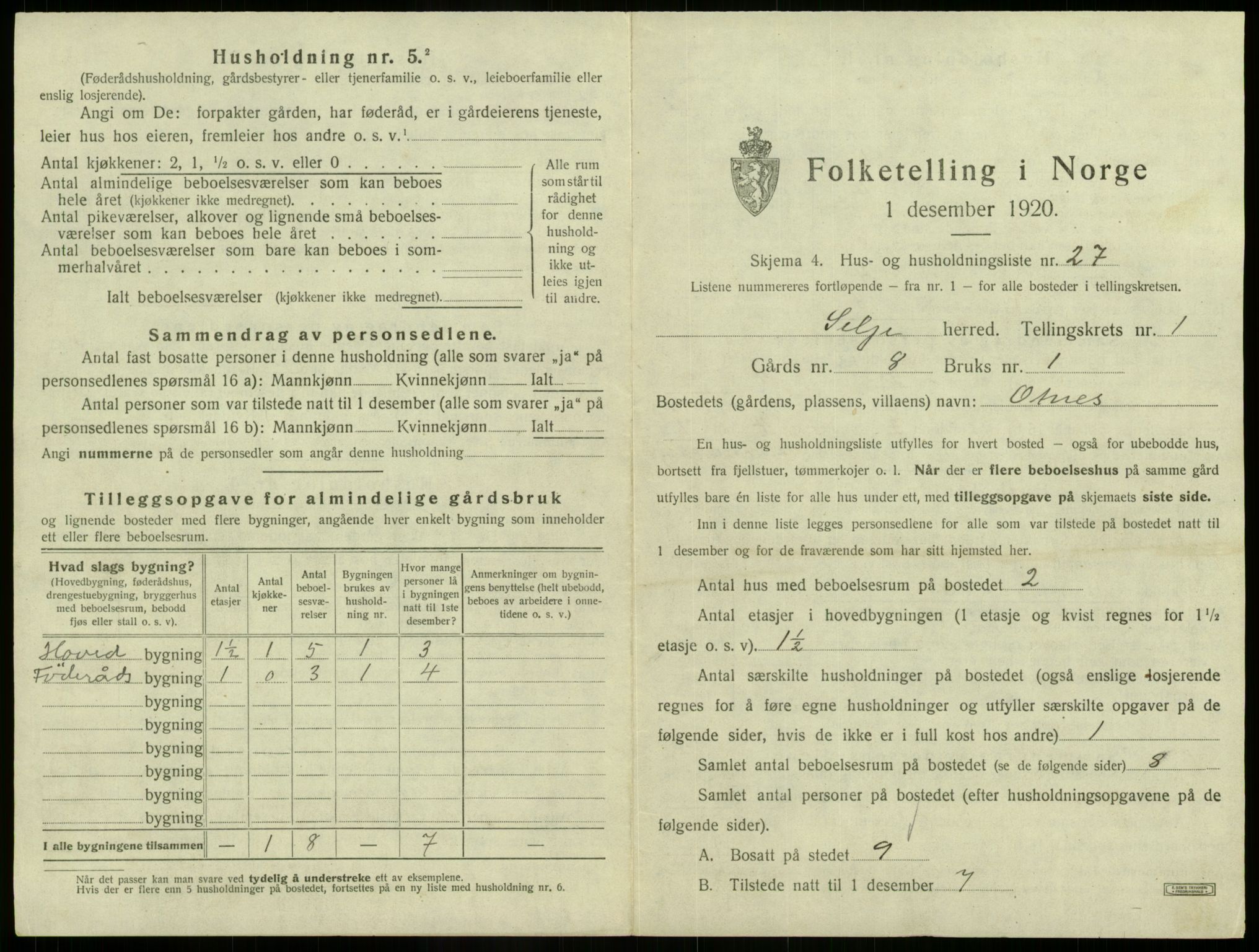 SAB, 1920 census for Selje, 1920, p. 123