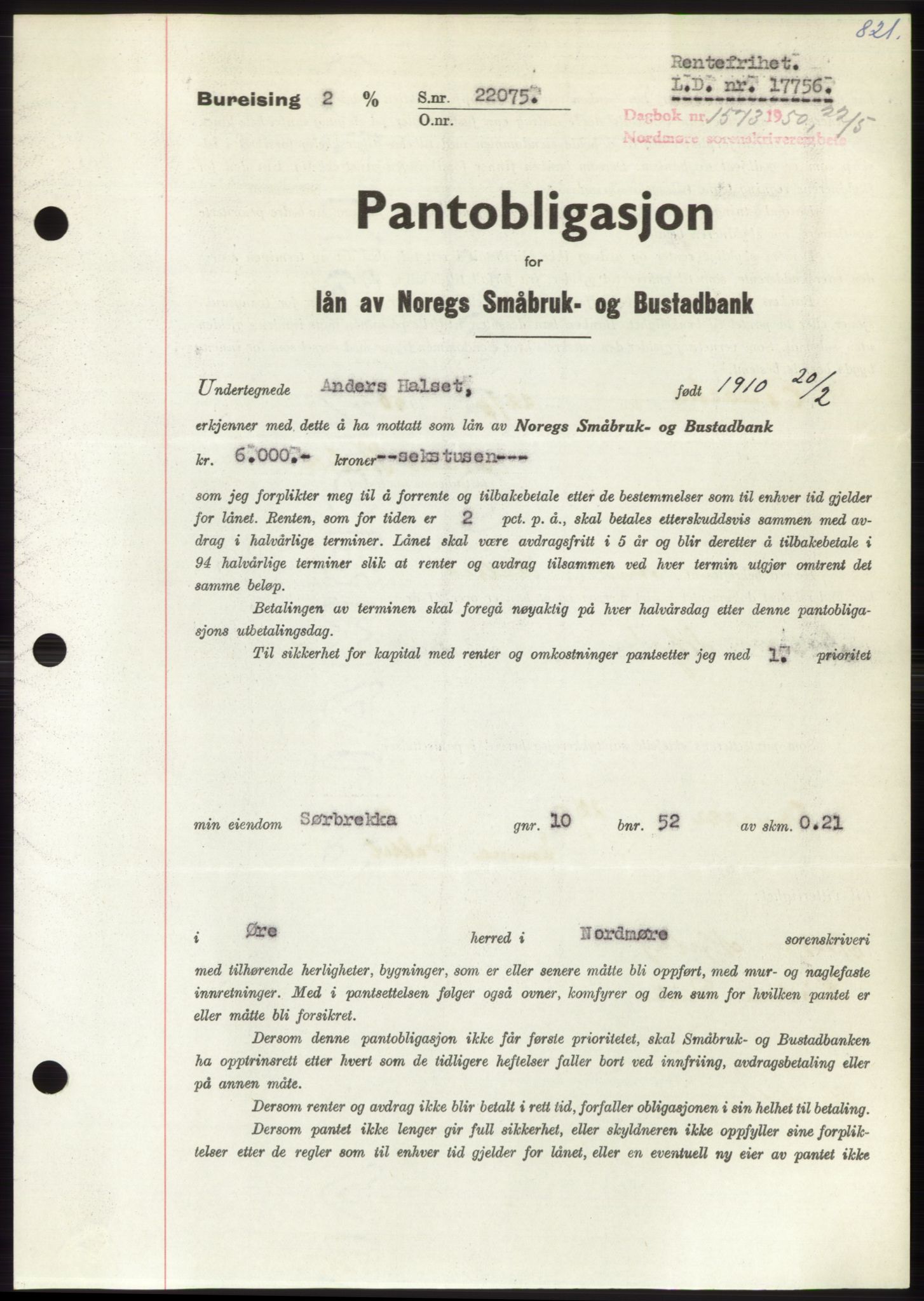 Nordmøre sorenskriveri, AV/SAT-A-4132/1/2/2Ca: Mortgage book no. B104, 1950-1950, Diary no: : 1573/1950