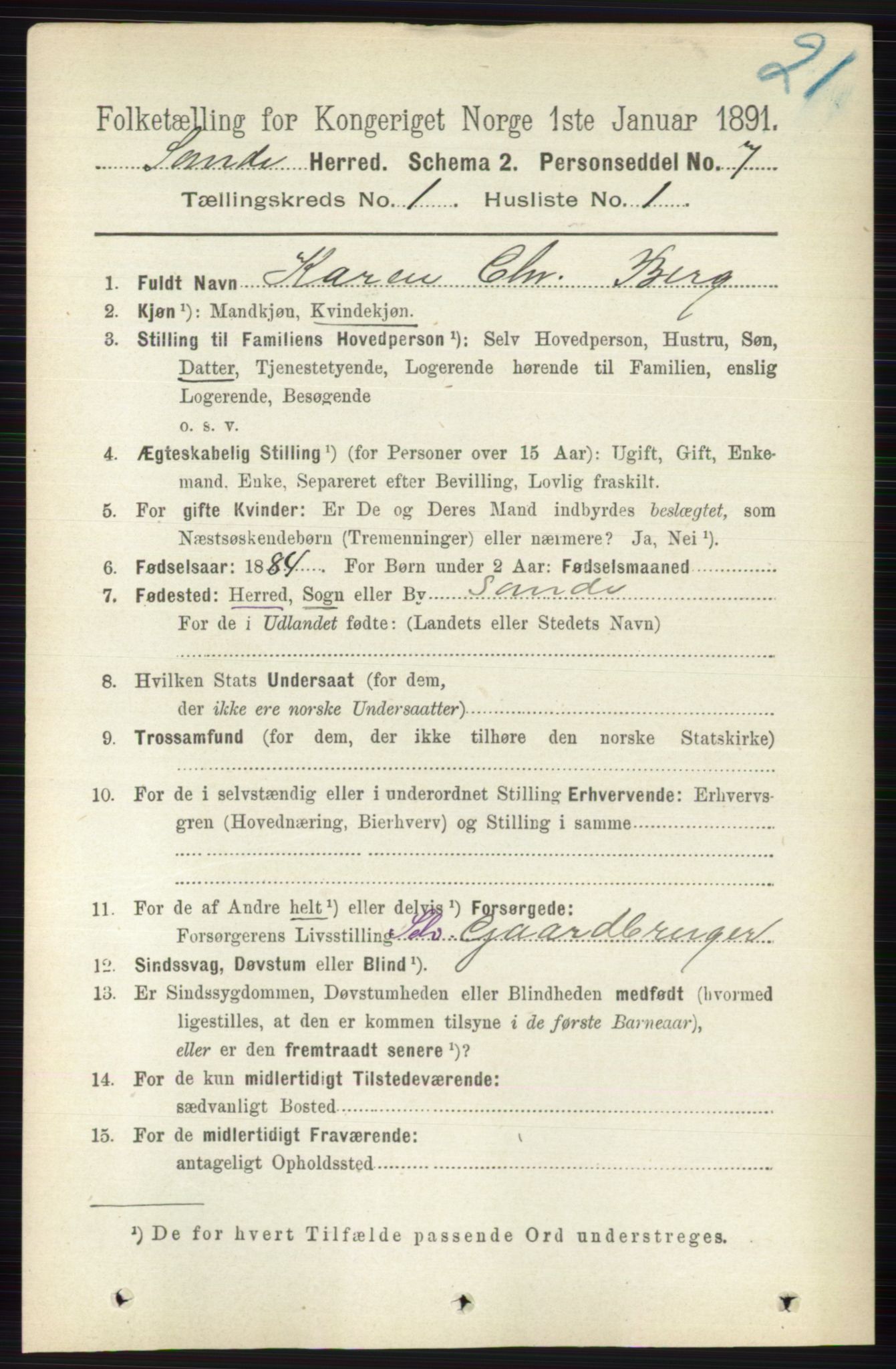 RA, 1891 census for 0713 Sande, 1891, p. 99