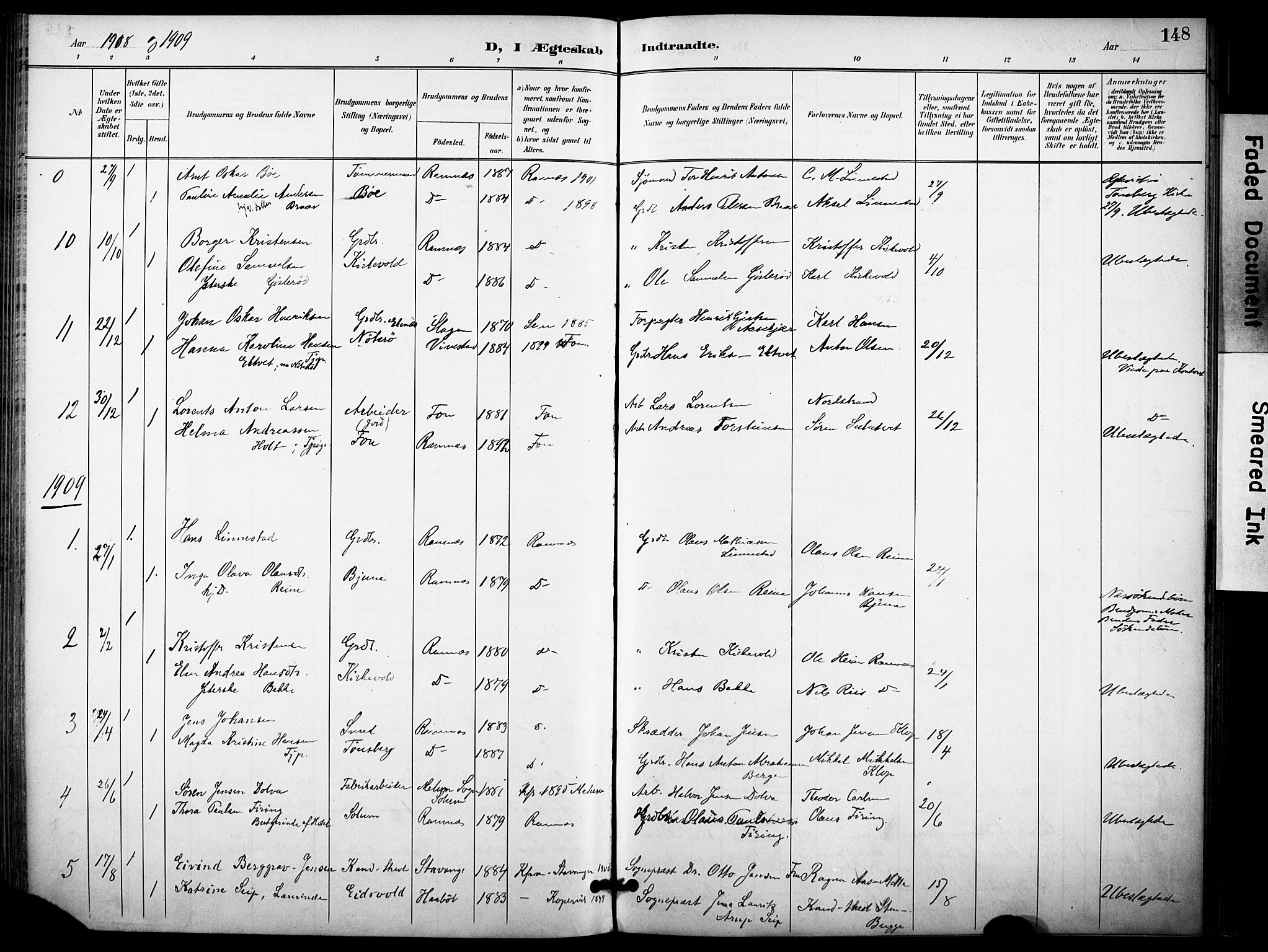 Ramnes kirkebøker, AV/SAKO-A-314/F/Fa/L0008: Parish register (official) no. I 8, 1896-1913, p. 148