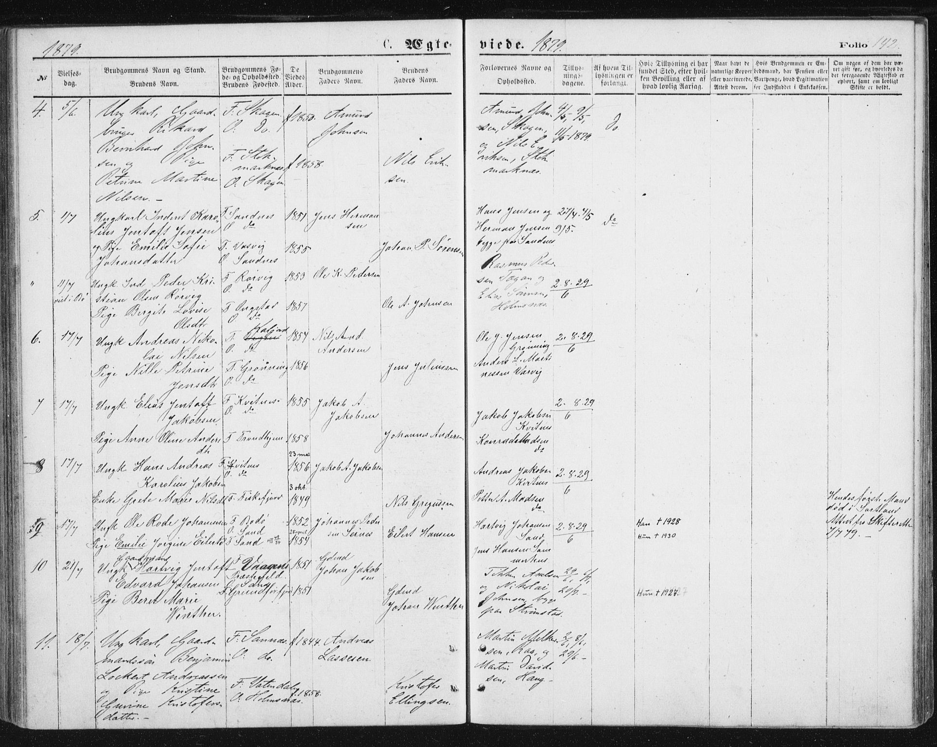 Ministerialprotokoller, klokkerbøker og fødselsregistre - Nordland, SAT/A-1459/888/L1243: Parish register (official) no. 888A09, 1876-1879, p. 142