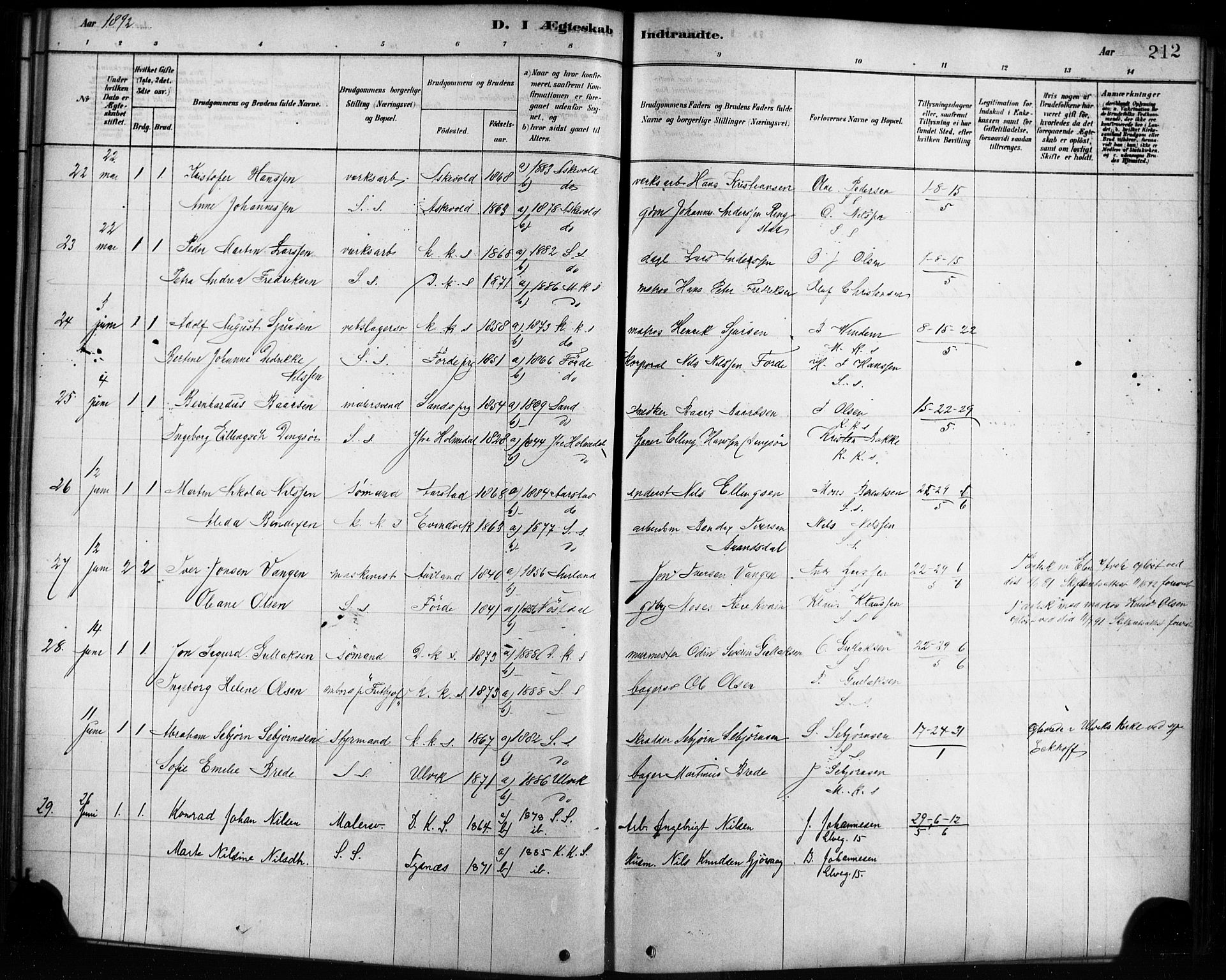 Sandviken Sokneprestembete, SAB/A-77601/H/Ha/L0002: Parish register (official) no. A 2, 1878-1896, p. 212