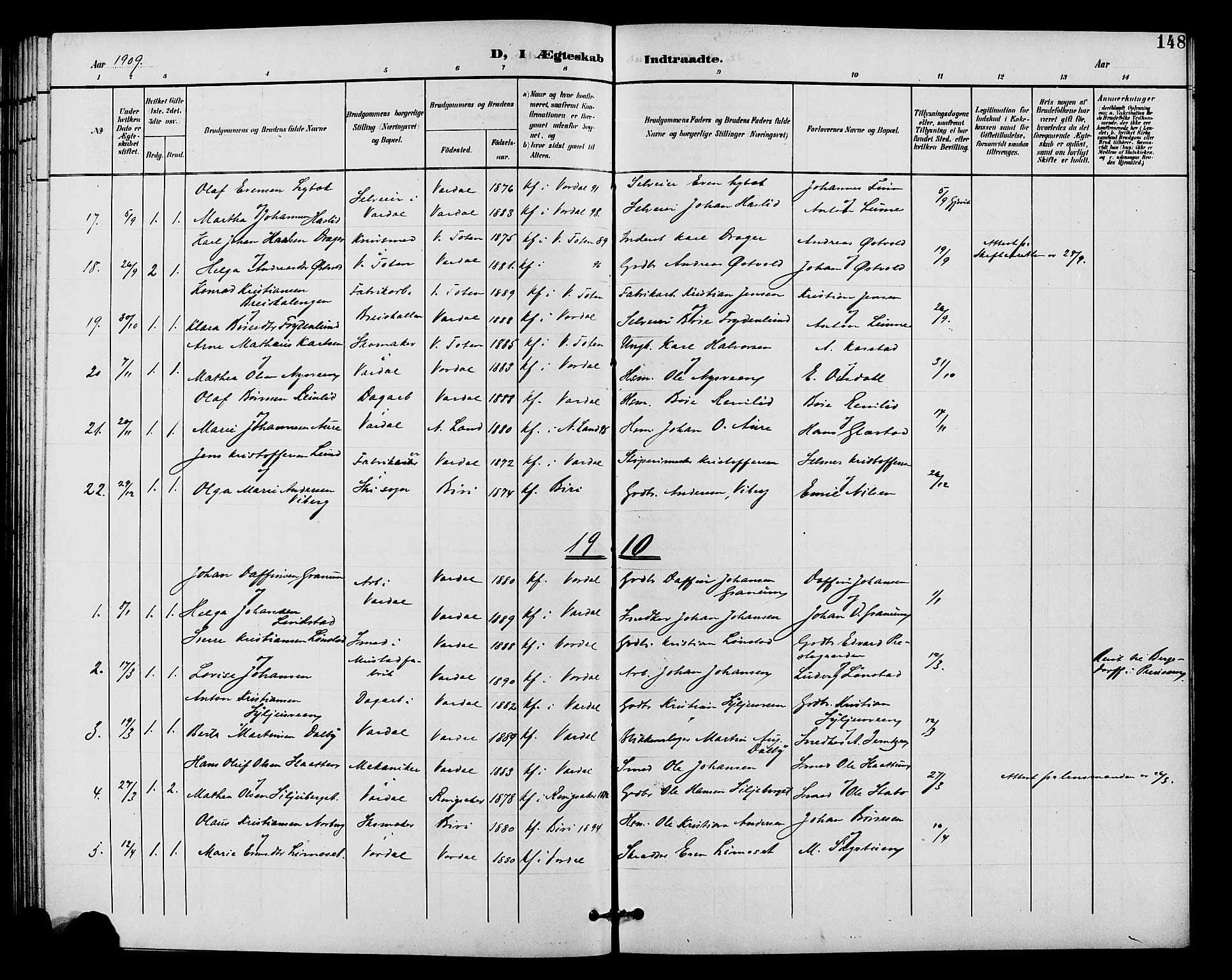 Vardal prestekontor, SAH/PREST-100/H/Ha/Hab/L0011: Parish register (copy) no. 11, 1899-1913, p. 148