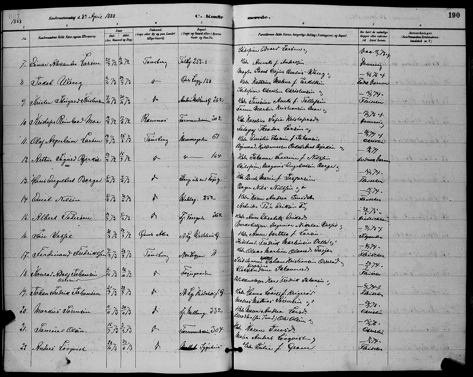 Tønsberg kirkebøker, AV/SAKO-A-330/G/Ga/L0006: Parish register (copy) no. 6, 1885-1895, p. 190