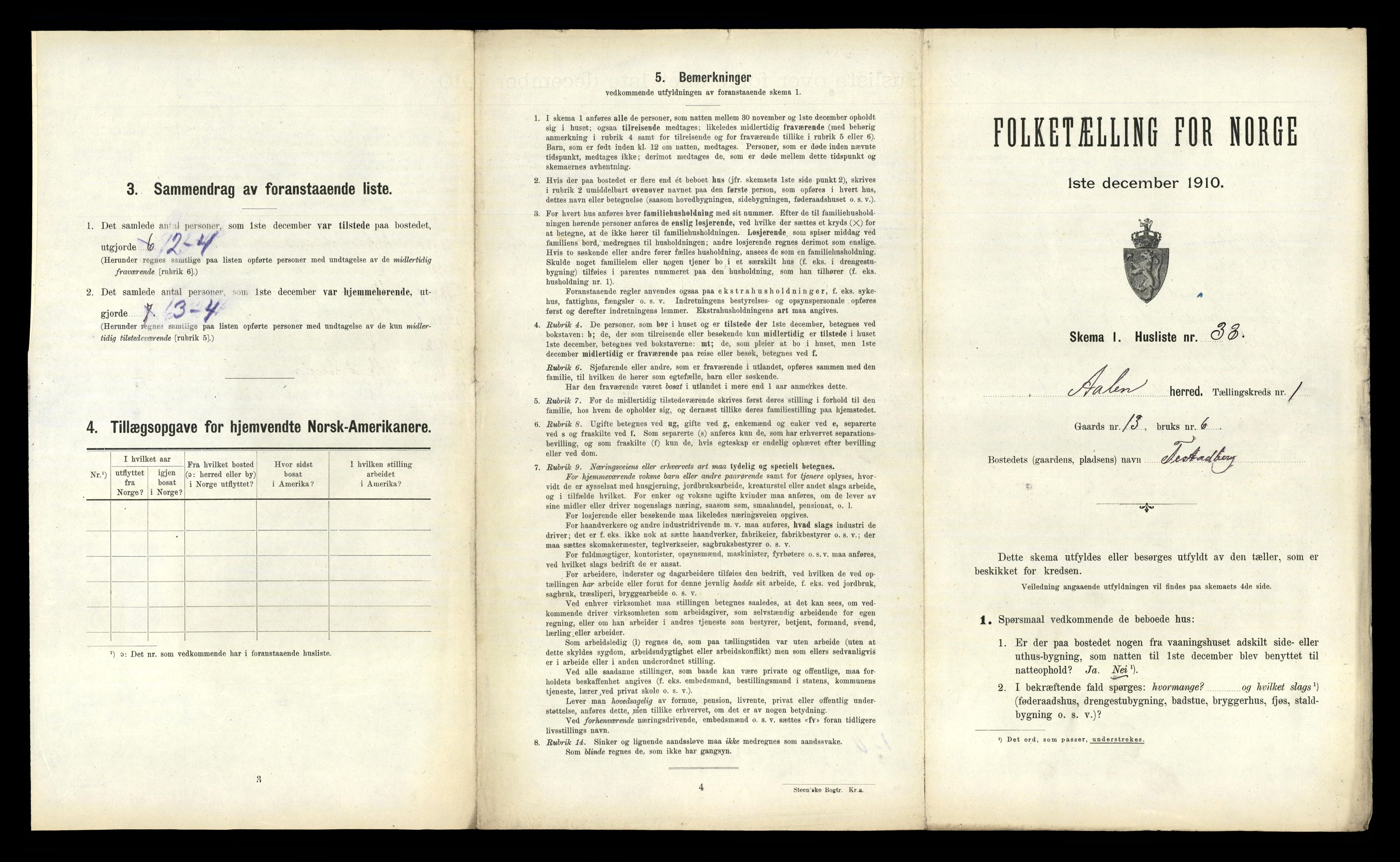 RA, 1910 census for Ålen, 1910, p. 99