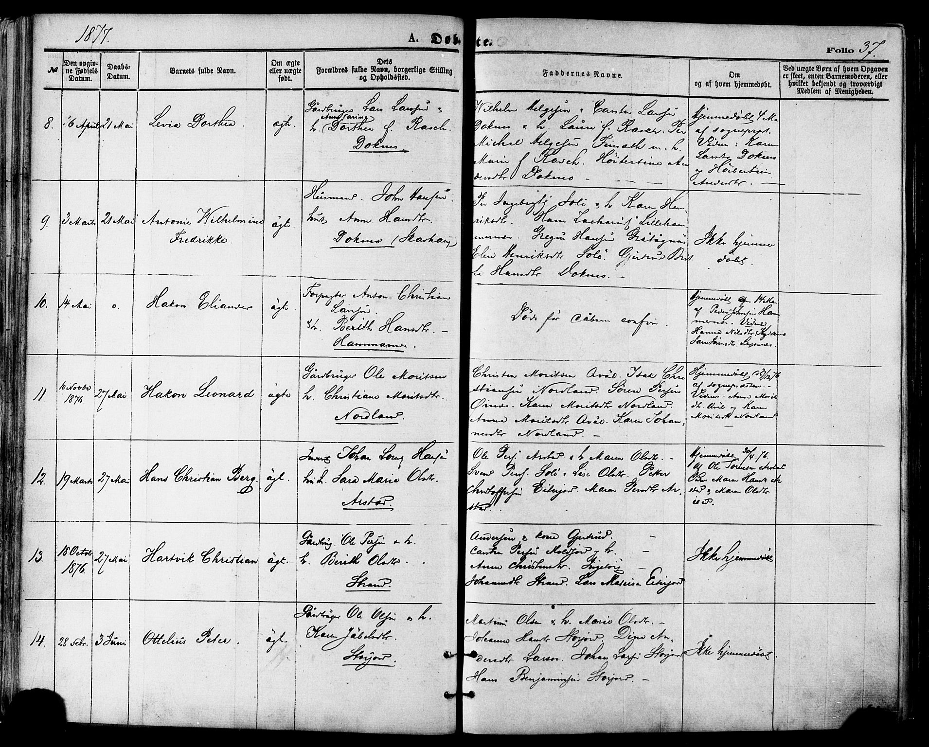 Ministerialprotokoller, klokkerbøker og fødselsregistre - Nordland, SAT/A-1459/846/L0645: Parish register (official) no. 846A03, 1872-1886, p. 37