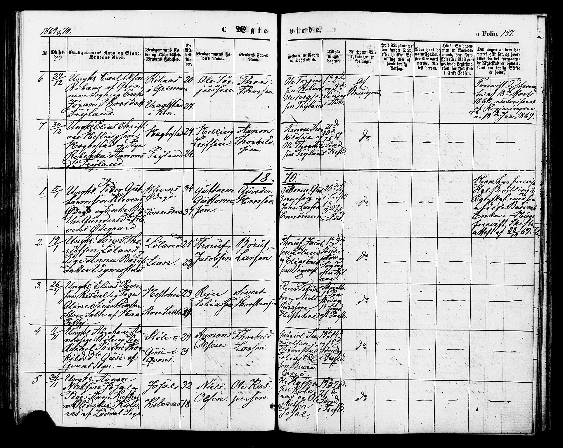 Nord-Audnedal sokneprestkontor, SAK/1111-0032/F/Fa/Fab/L0002: Parish register (official) no. A 2, 1859-1882, p. 157