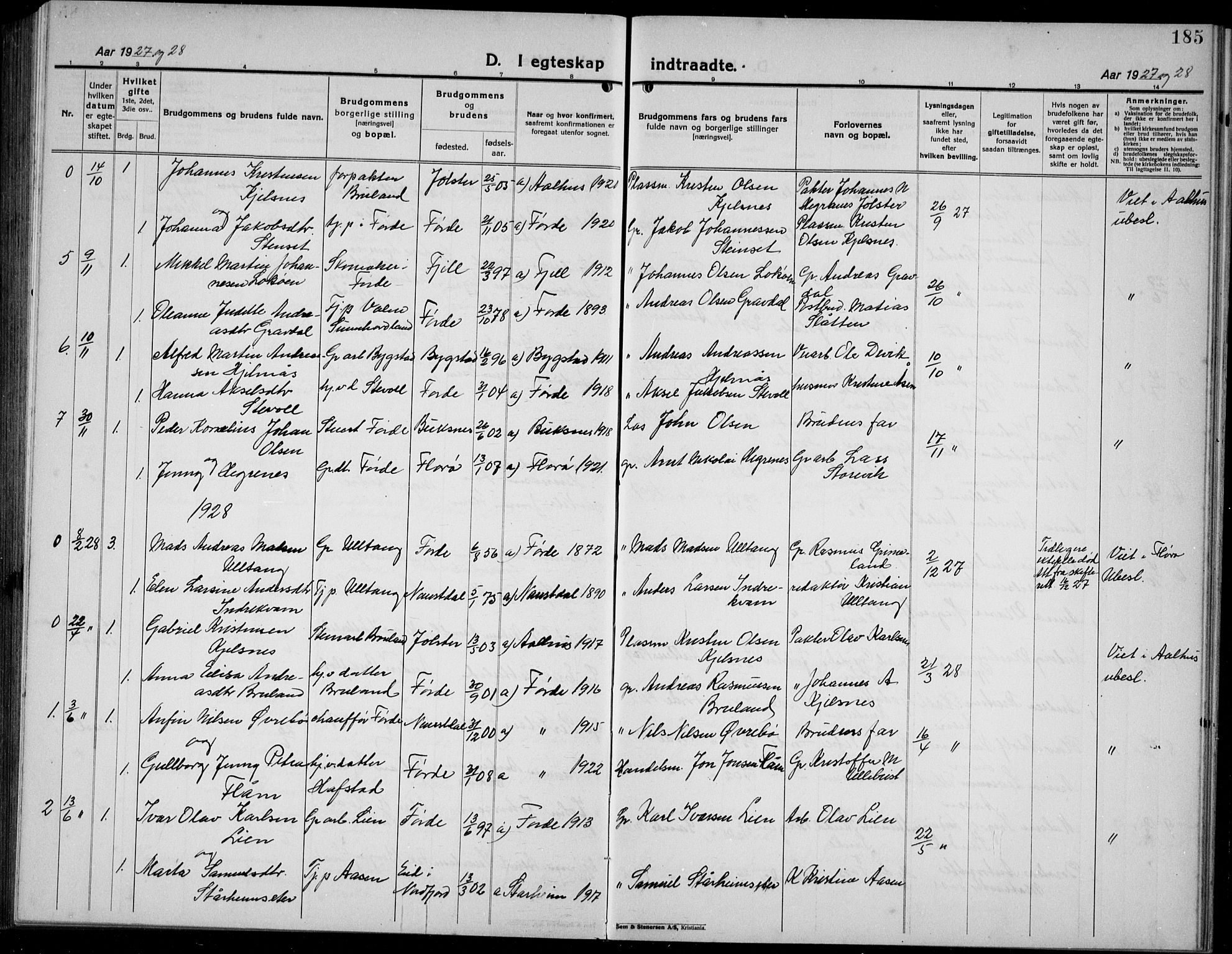 Førde sokneprestembete, AV/SAB-A-79901/H/Hab/Haba/L0004: Parish register (copy) no. A 4, 1924-1941, p. 185