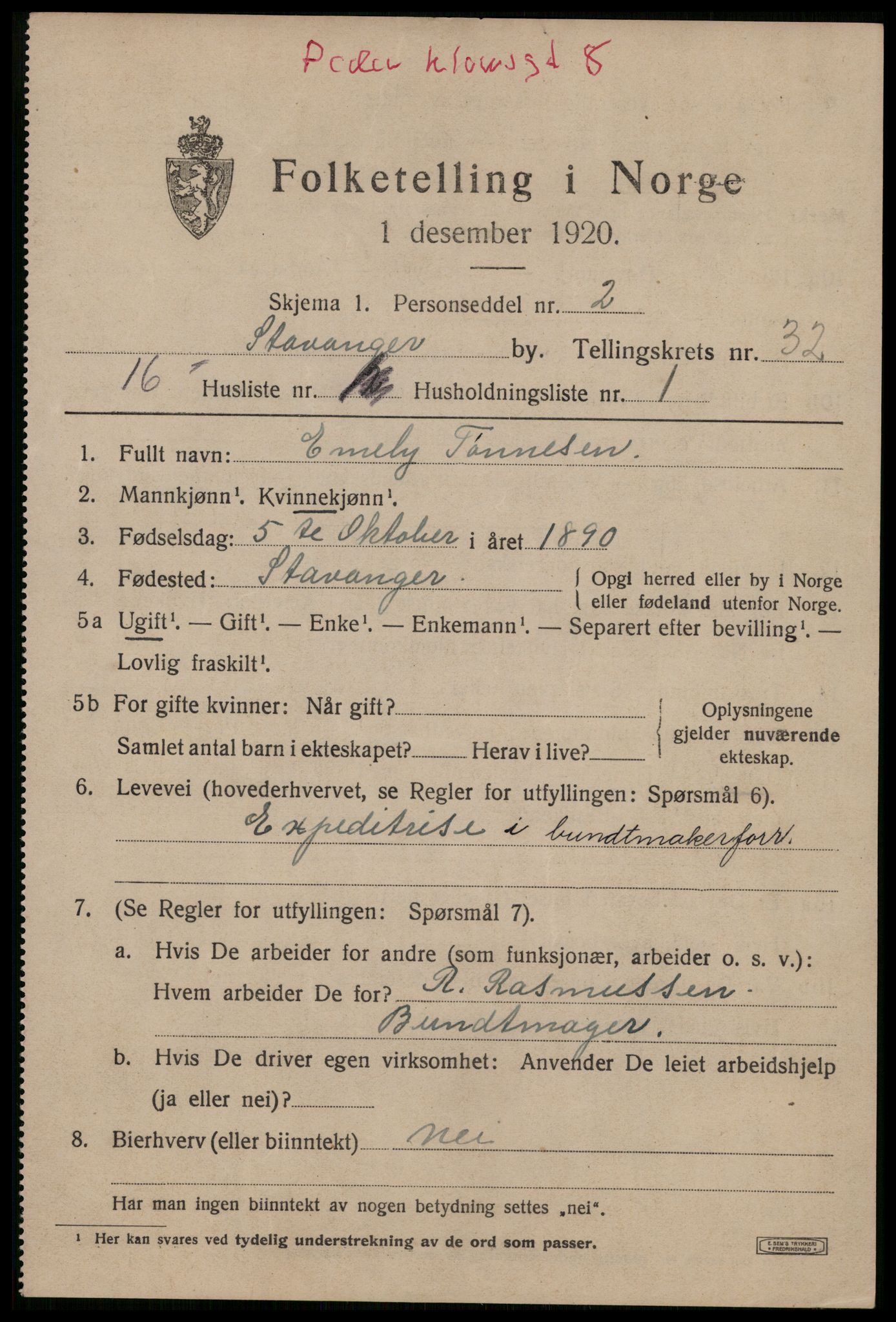 SAST, 1920 census for Stavanger, 1920, p. 88736