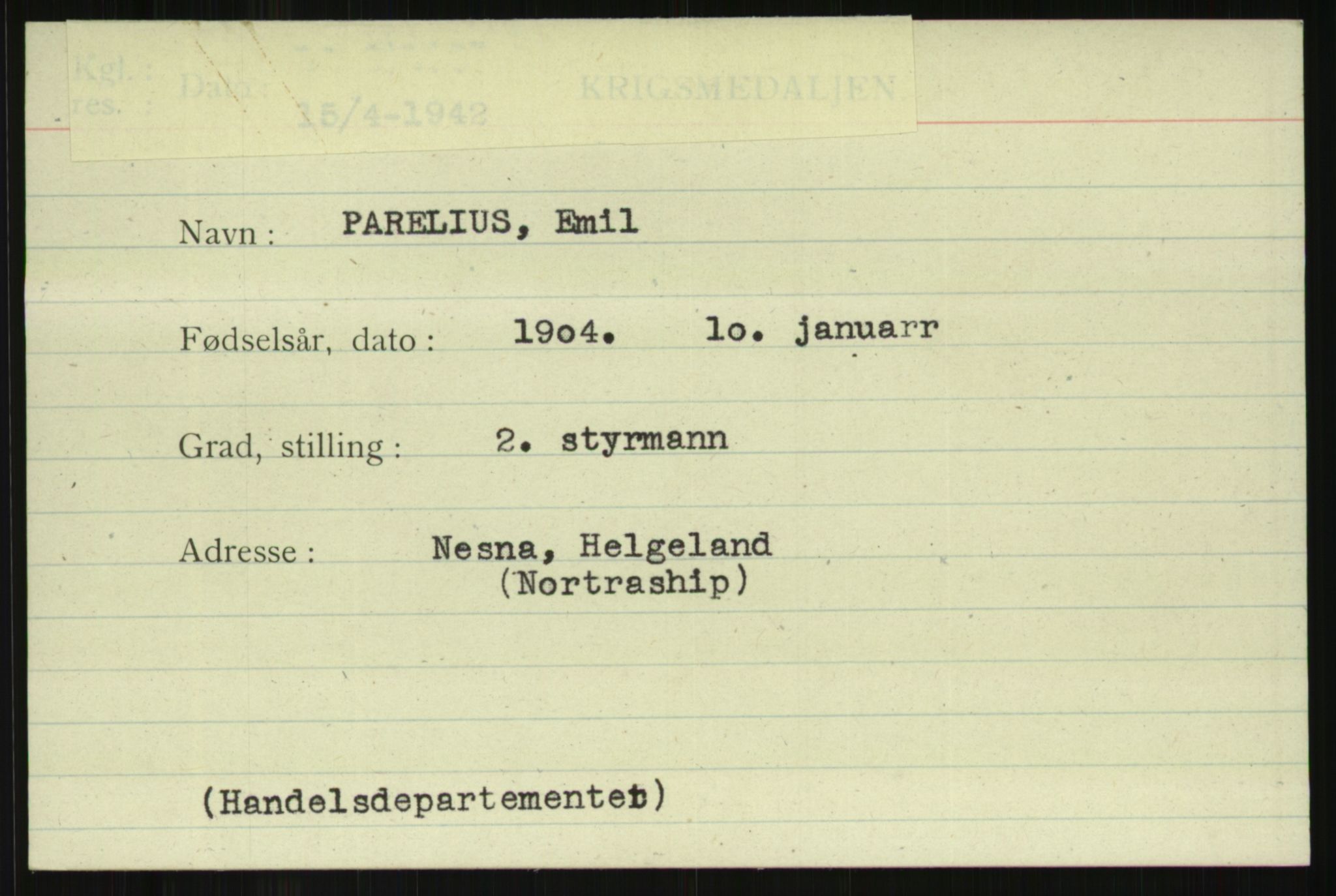 Direktoratet for sjømenn, AV/RA-S-3545/G/Gi/L0008: Kartotek over krigsdekorasjoner tildelt nordmenn under krigen, 1940-1945, p. 567