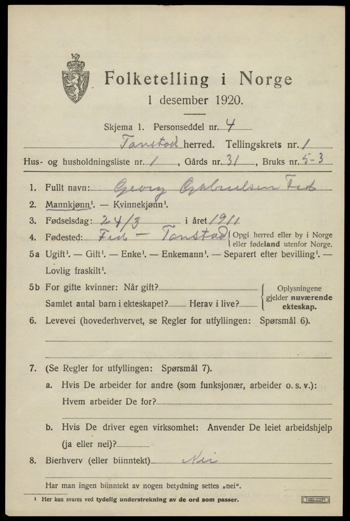 SAK, 1920 census for Tonstad, 1920, p. 334