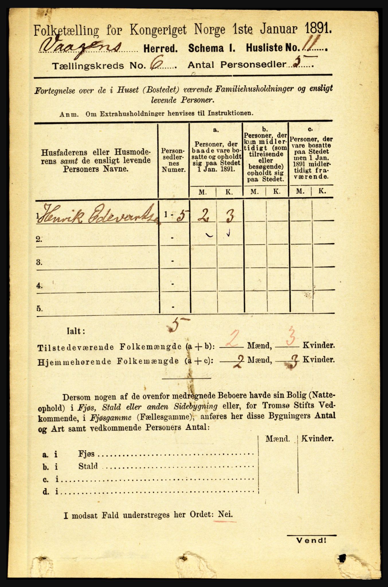 RA, 1891 census for 1865 Vågan, 1891, p. 1700