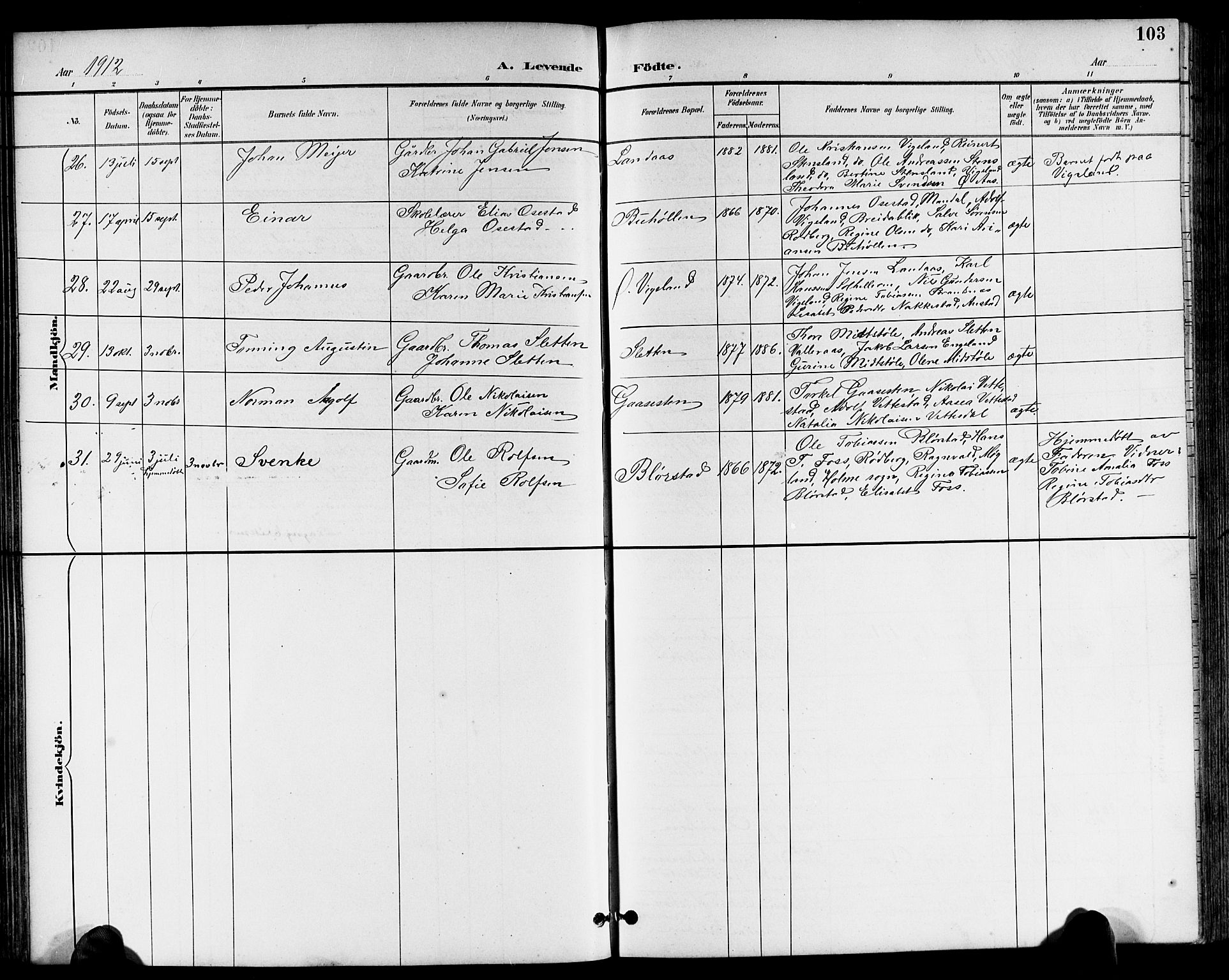 Sør-Audnedal sokneprestkontor, AV/SAK-1111-0039/F/Fb/Fbb/L0006: Parish register (copy) no. B 6, 1893-1915, p. 103