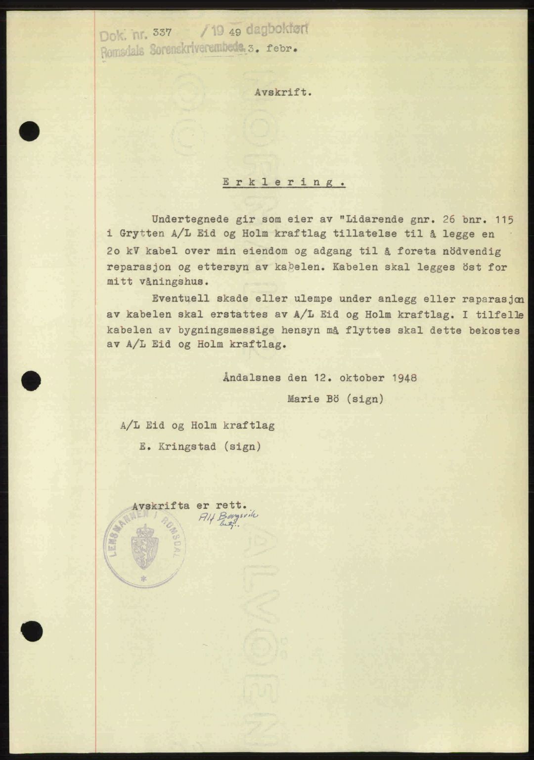 Romsdal sorenskriveri, AV/SAT-A-4149/1/2/2C: Mortgage book no. A28, 1948-1949, Diary no: : 337/1949