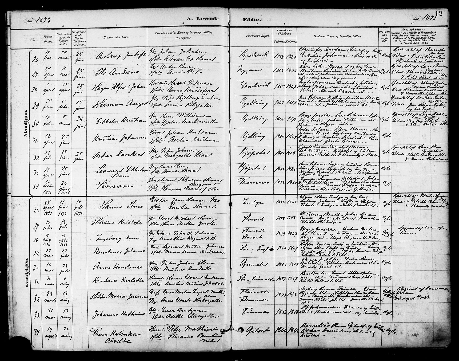 Ministerialprotokoller, klokkerbøker og fødselsregistre - Nordland, SAT/A-1459/805/L0101: Parish register (official) no. 805A07, 1892-1899, p. 12