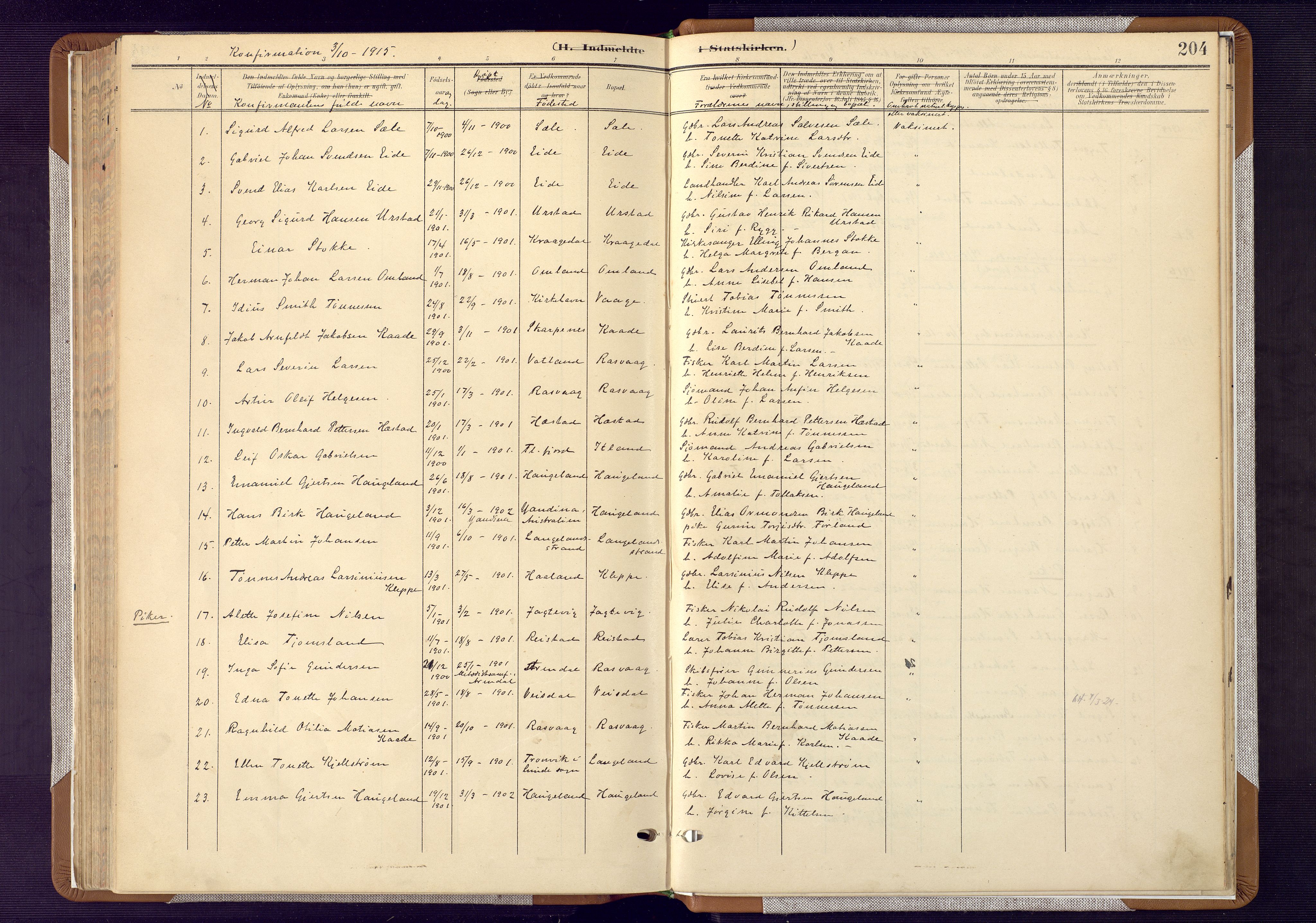 Flekkefjord sokneprestkontor, AV/SAK-1111-0012/F/Fa/Fab/L0007: Parish register (official) no. A 7, 1902-1921, p. 204