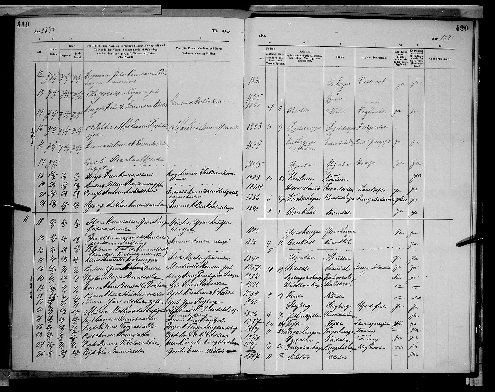 Sør-Fron prestekontor, SAH/PREST-010/H/Ha/Hab/L0003: Parish register (copy) no. 3, 1884-1896, p. 419-420