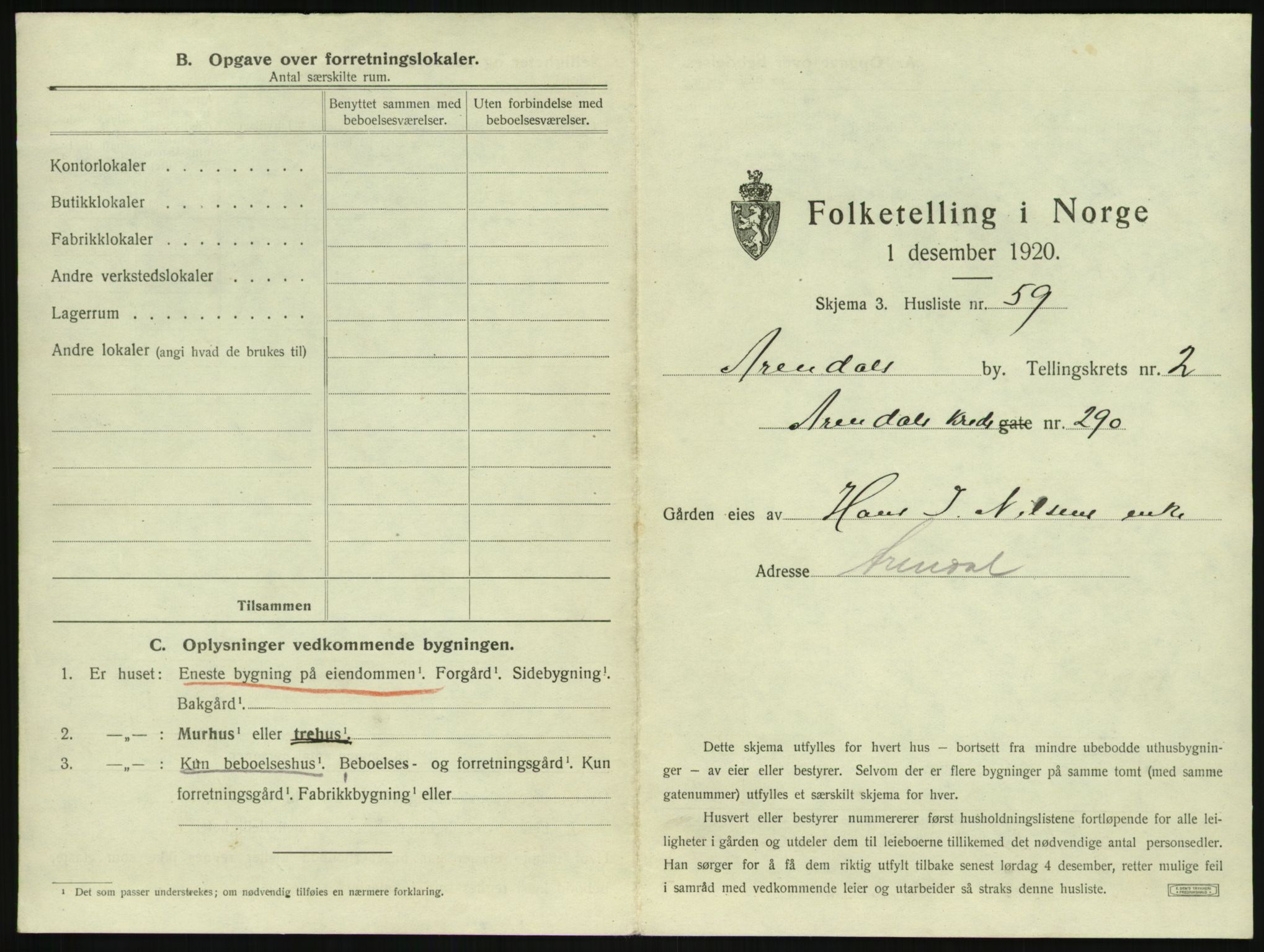 SAK, 1920 census for Arendal, 1920, p. 320