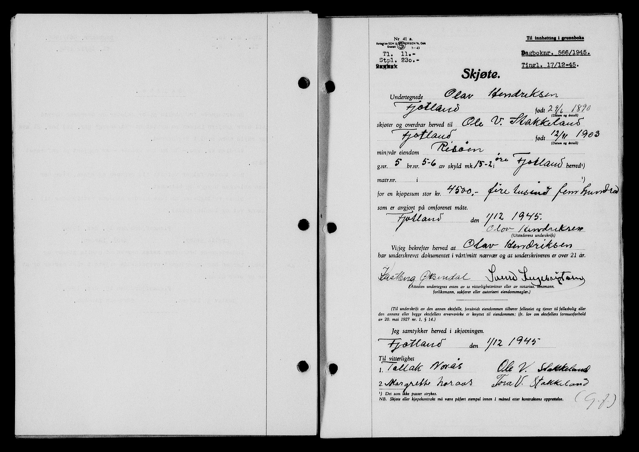 Flekkefjord sorenskriveri, AV/SAK-1221-0001/G/Gb/Gba/L0060: Mortgage book no. A-8, 1945-1946, Diary no: : 566/1945