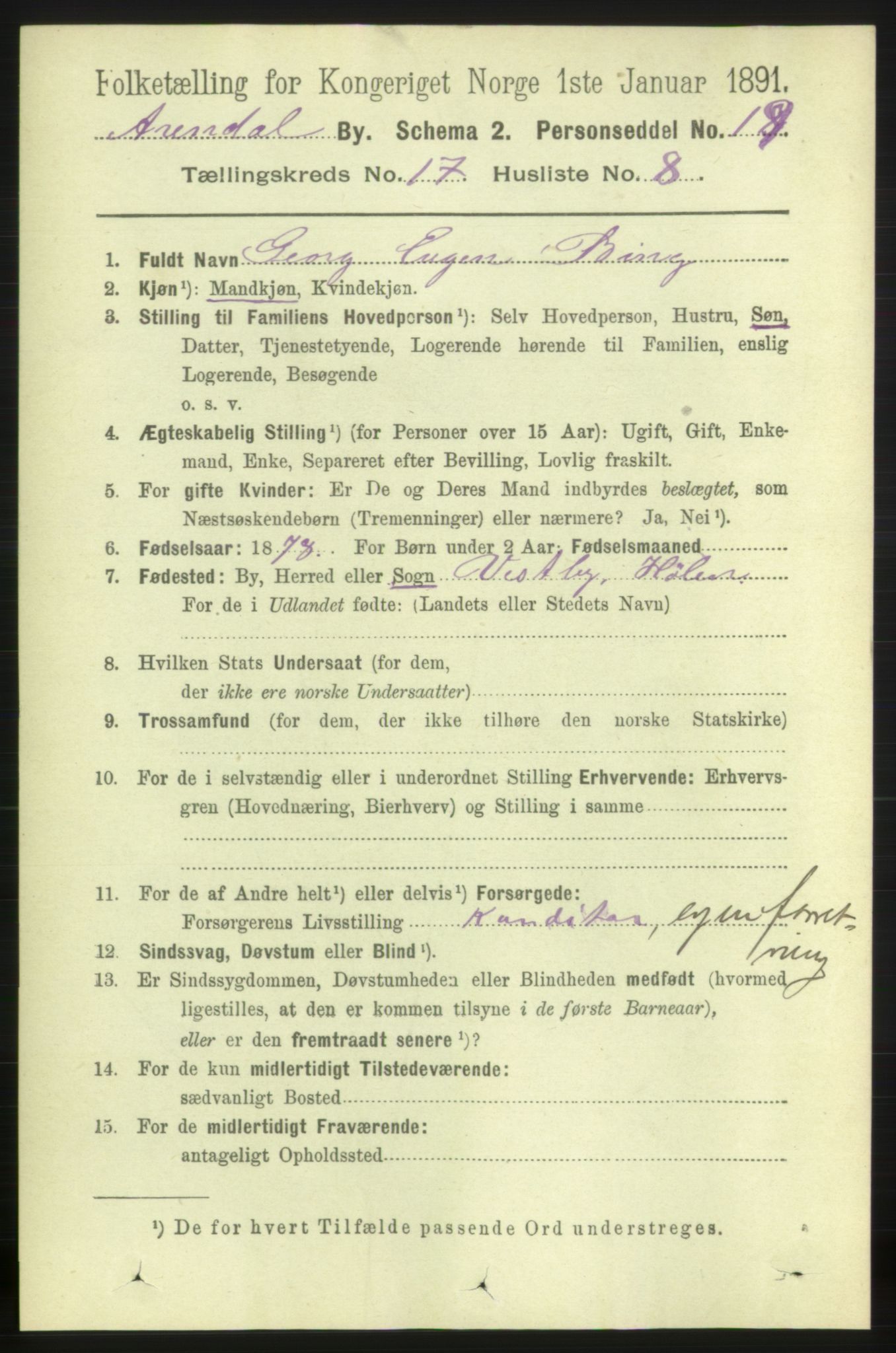 RA, 1891 census for 0903 Arendal, 1891, p. 5707