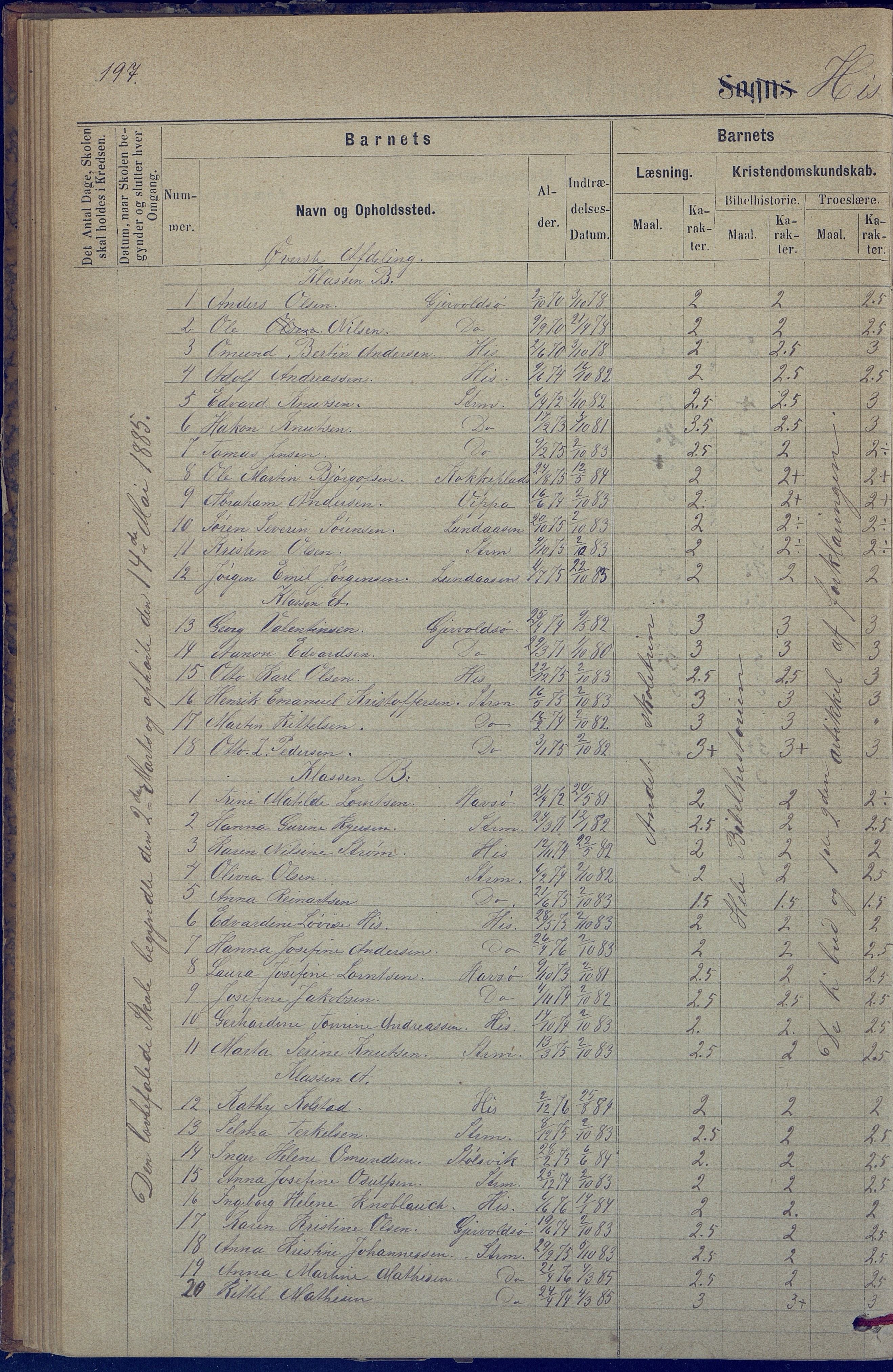 Hisøy kommune frem til 1991, AAKS/KA0922-PK/31/L0005: Skoleprotokoll, 1877-1892, p. 197