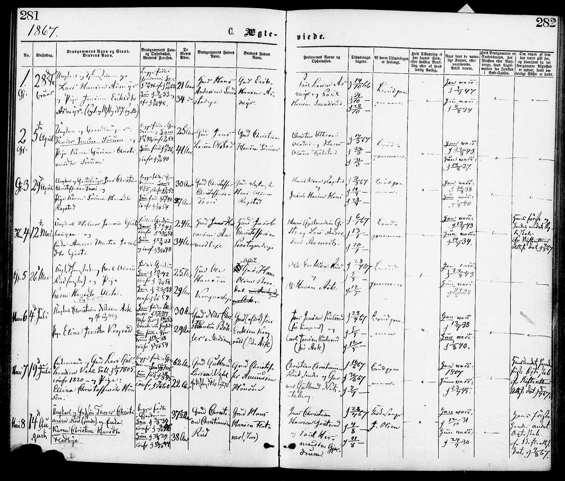 Gjerdrum prestekontor Kirkebøker, SAO/A-10412b/F/Fa/L0008: Parish register (official) no. I 8, 1867-1880, p. 281-282